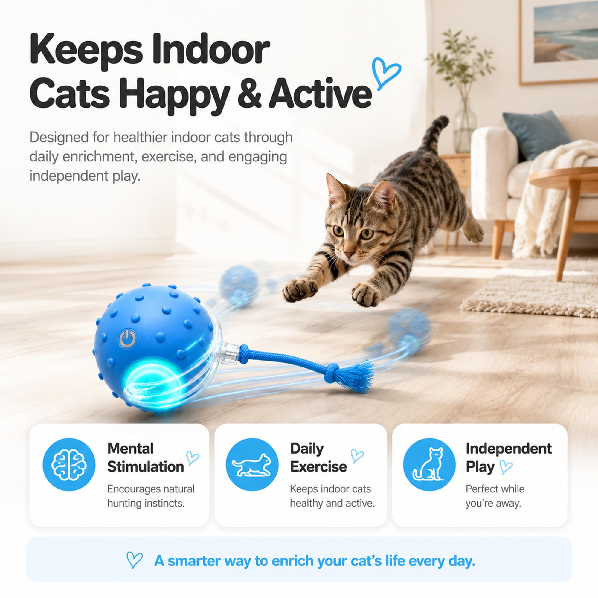 AWISH Interaktives rollendes Katzenballspielzeug, bewegungsaktiviertes Zwitscher-Spielzeug für Indoor-Katzen, schnell auf Teppich und Hartböden (Blau)