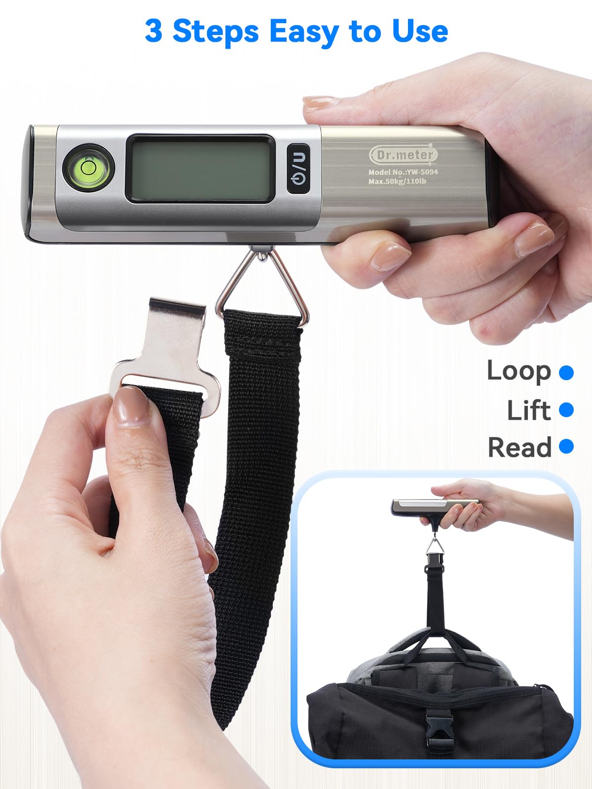 Dr.meter Waga podróżna z taśmą mierniczą, praktyczna cyfrowa waga bagażowa z hakiem (50 kg/110 lb) z wyświetlaczem LCD i ramieniem przeciążeniowym. Zintegrowana taśma miernicza do podróży wraz z