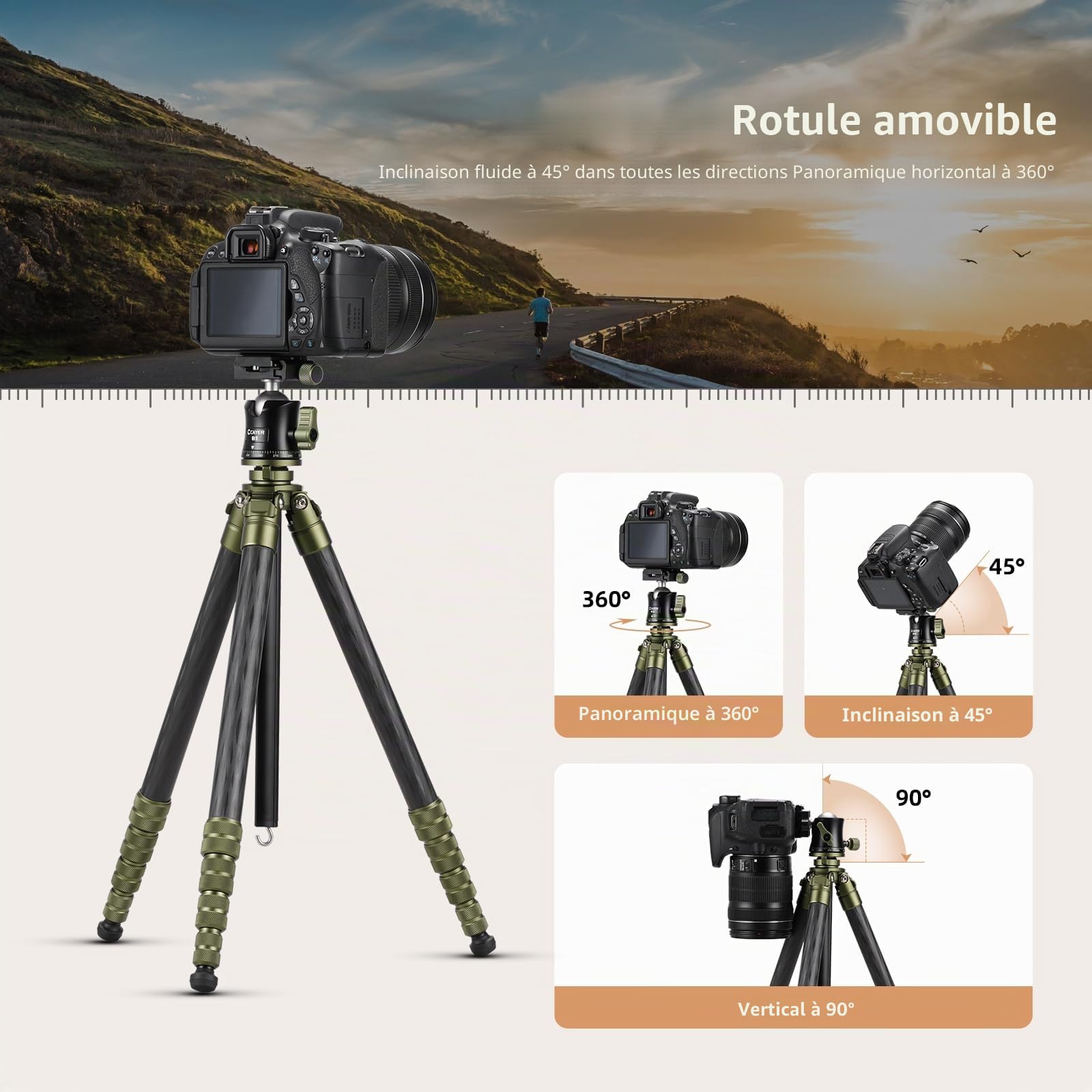 Cayer CH35 Trépied de Voyage avec Rotule, Trépied Compact en Fibre de Carbone, 136 cm (53,6 pouces), Charge Max 8 kg (17,6 lbs) pour Appareils Photo Hybrides, Caméscopes, Téléphones Mobiles et Webcams | Trépied compact à 5 sections avec plaque type Arca C