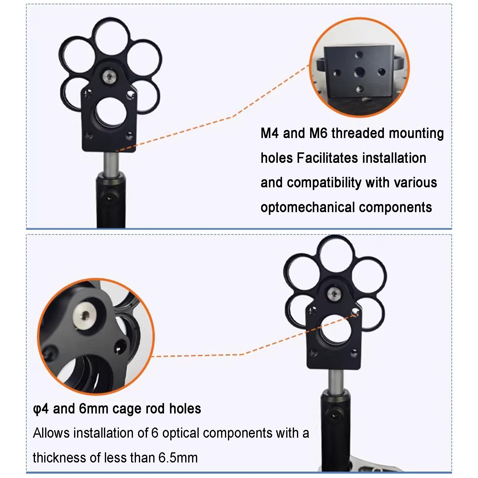 Soporte de rueda de filtro de 6 posiciones para visualización óptica, diseño coaxial tipo jaula con interfaz roscada, compatible con telescopios y accesorios de imágenes