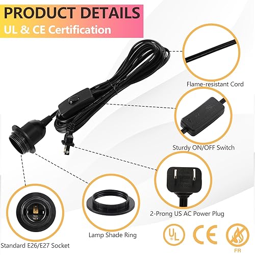 Miniatura 3 de AdiyZ Cable de luz colgante  Bombilla colgante de 15 pies con cable de enchufe  Paquete de 2 cables de lámpara E26 con cable de extensión negro,