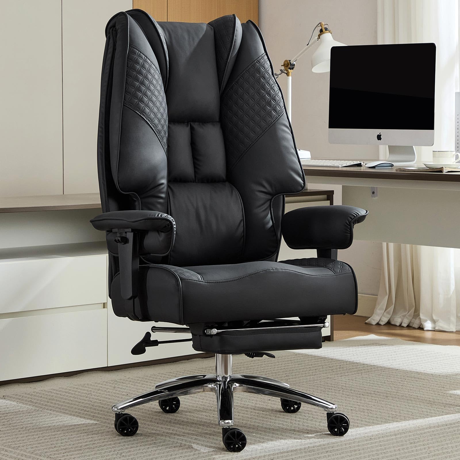 Big and Tall Office Chair 400lbs Wide Seat, Leather High Back Executive Office Chair with Foot Rest, Ergonomic Chairs Lumbar Support for Lower Back Pain Relief (Black)