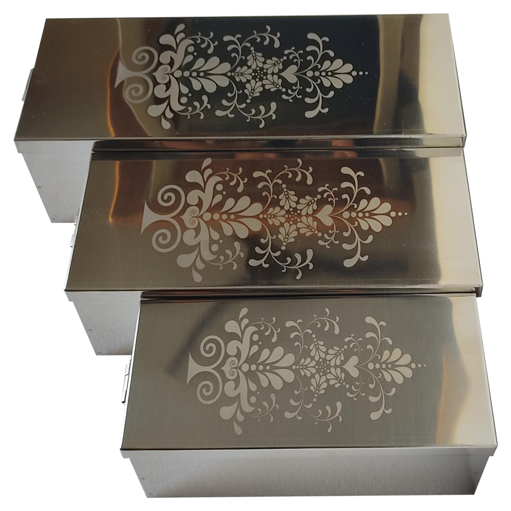 GinoSet® Stainless Steel safe Locker Boxes For Cash Peti Pooja Jewellery set Box (Multi_Pack of 3) Size -8 Inch, 10 Inch, 12 Inch With Laser Printed Tree 3