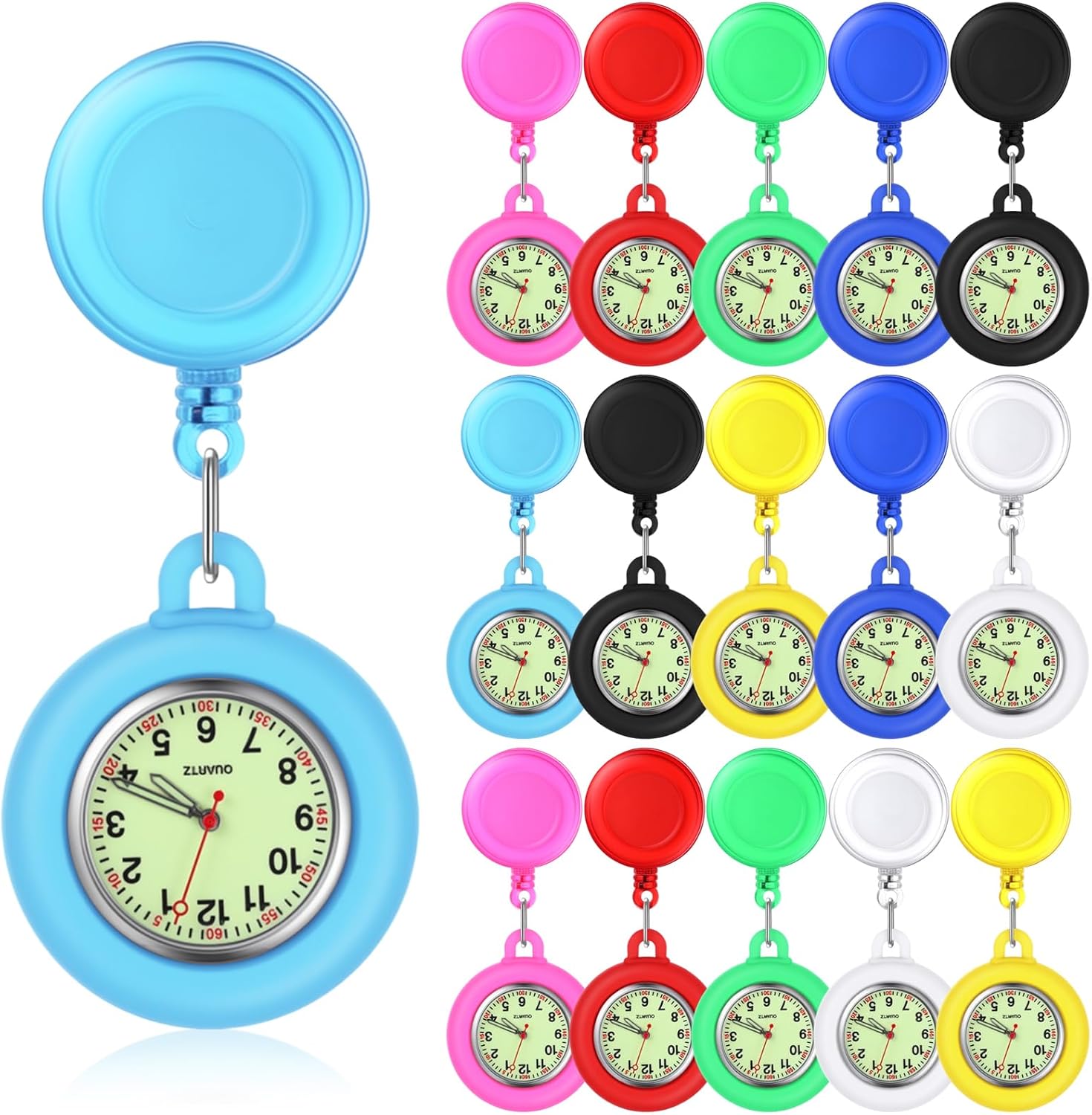 Outus 8 Pcs/16 Pcs Retractable Nurse Clip on Badge Watch Silicone Dark Glow Reel Pocket Fob Stethoscope Watch for CNA Week