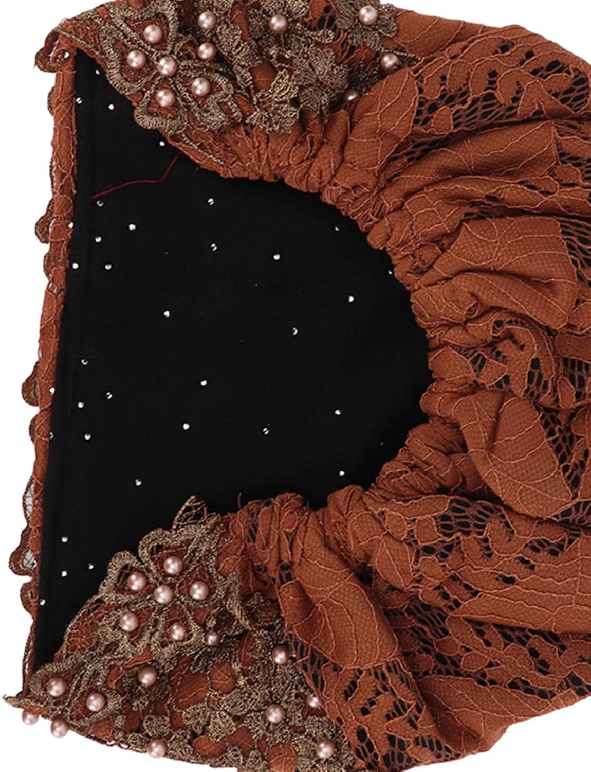 Vintage Embroidered Turban Head Wrap, Soft Lace Fleece Beaded Hair Hat for Women Pre-Tied Muslim Scarf Sleep Cap Daily Use (Caramel Colour)
