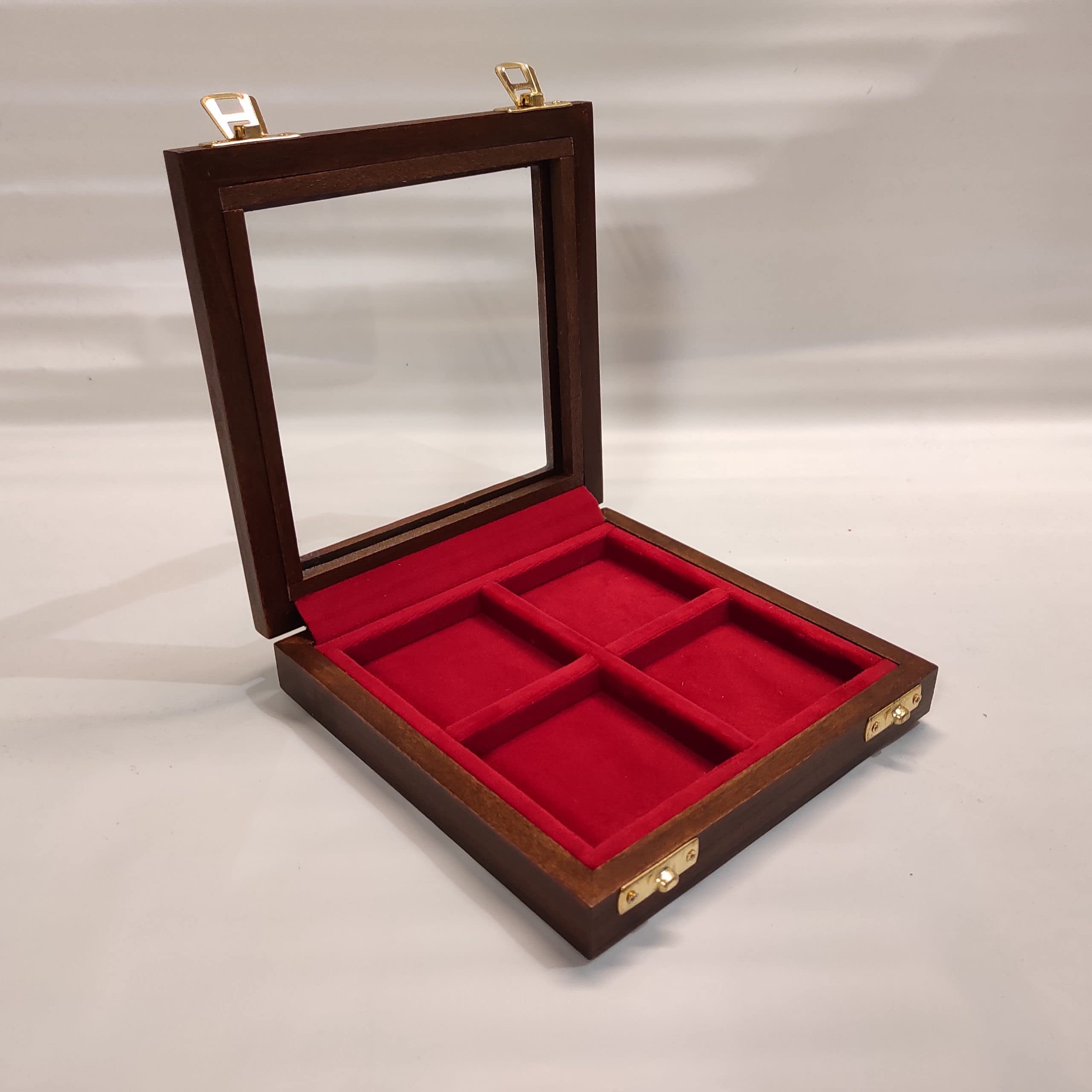 Expositor de Madera para Monedas y medallas 4 Compartimentos 60x60 mm con Tapa de Cristal, monetario Artesanal de colección, numismática, Interior en Terciopelo