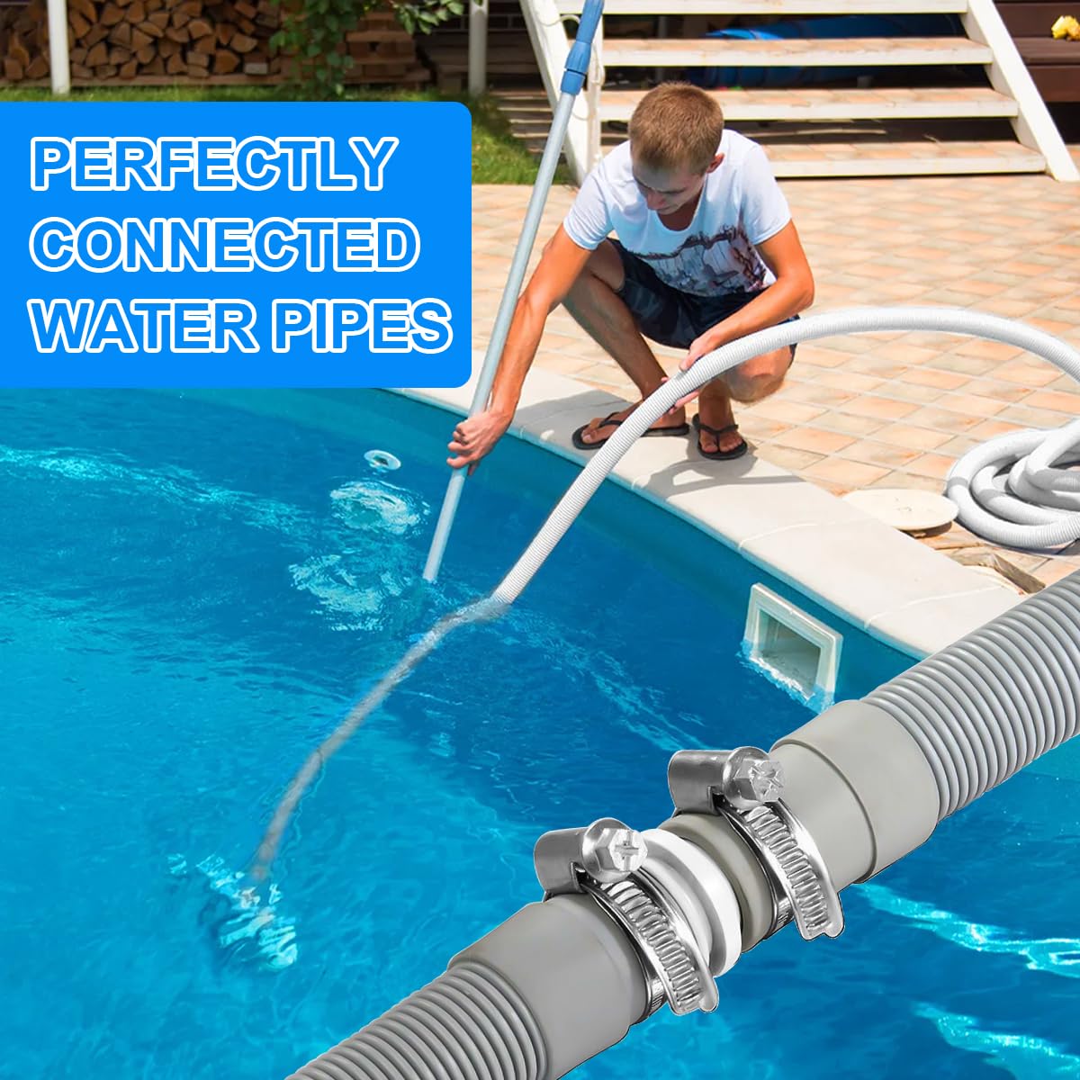 4x Pool Adapter 32 Auf 38mm - Schlauchverbinder Mit Edelstahl Schlauchschellen Für Filterpumpen