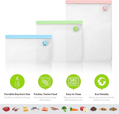 Miniatura 6 de SealVax Paquete de 6 bolsas reutilizables de sellado al vacío para alimentos, incluye bolsas azules, verdes y rosas, con bomba de vacío de mano,