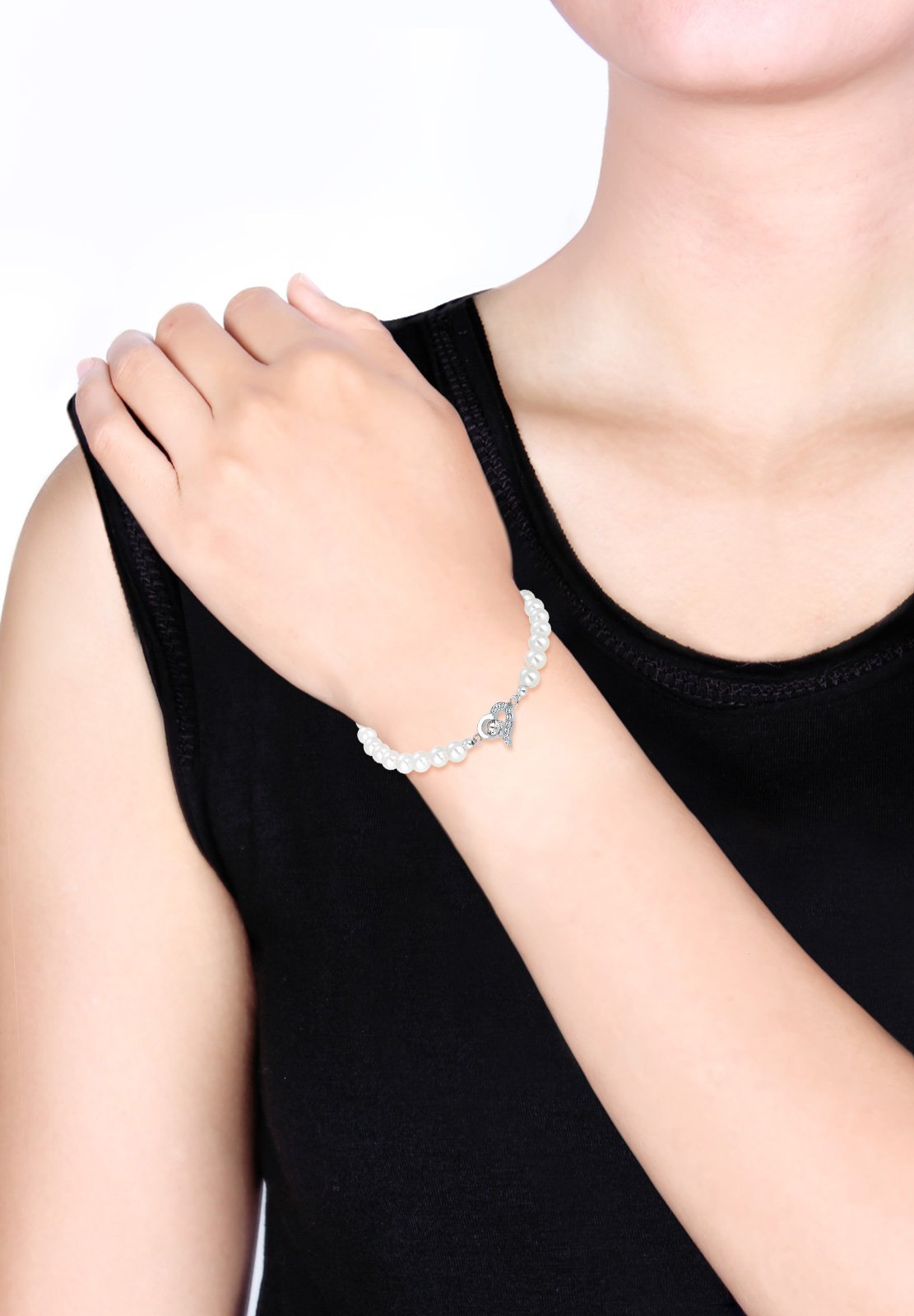 Elli Bracciale da donna a forma di cuore con perle di conchiglia e cristalli in argento sterling 925, 17 cm, Sfaccettatura, cristallo