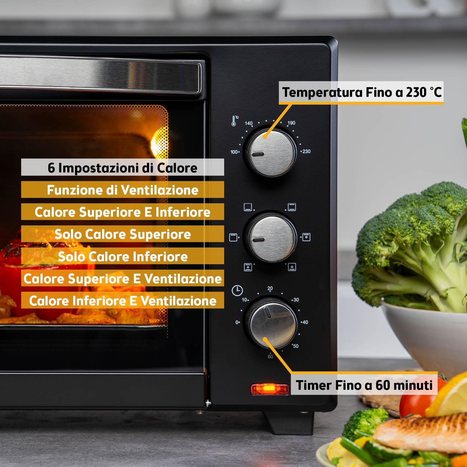 TZS First Austria - Mini Forno 35L 1600W - Fornetto per pizza con regolazione temperatura fino a 230°C e rivestimento antiaderente - Con timer di 60 min, 3 altezze di inserimento, teglia e griglia