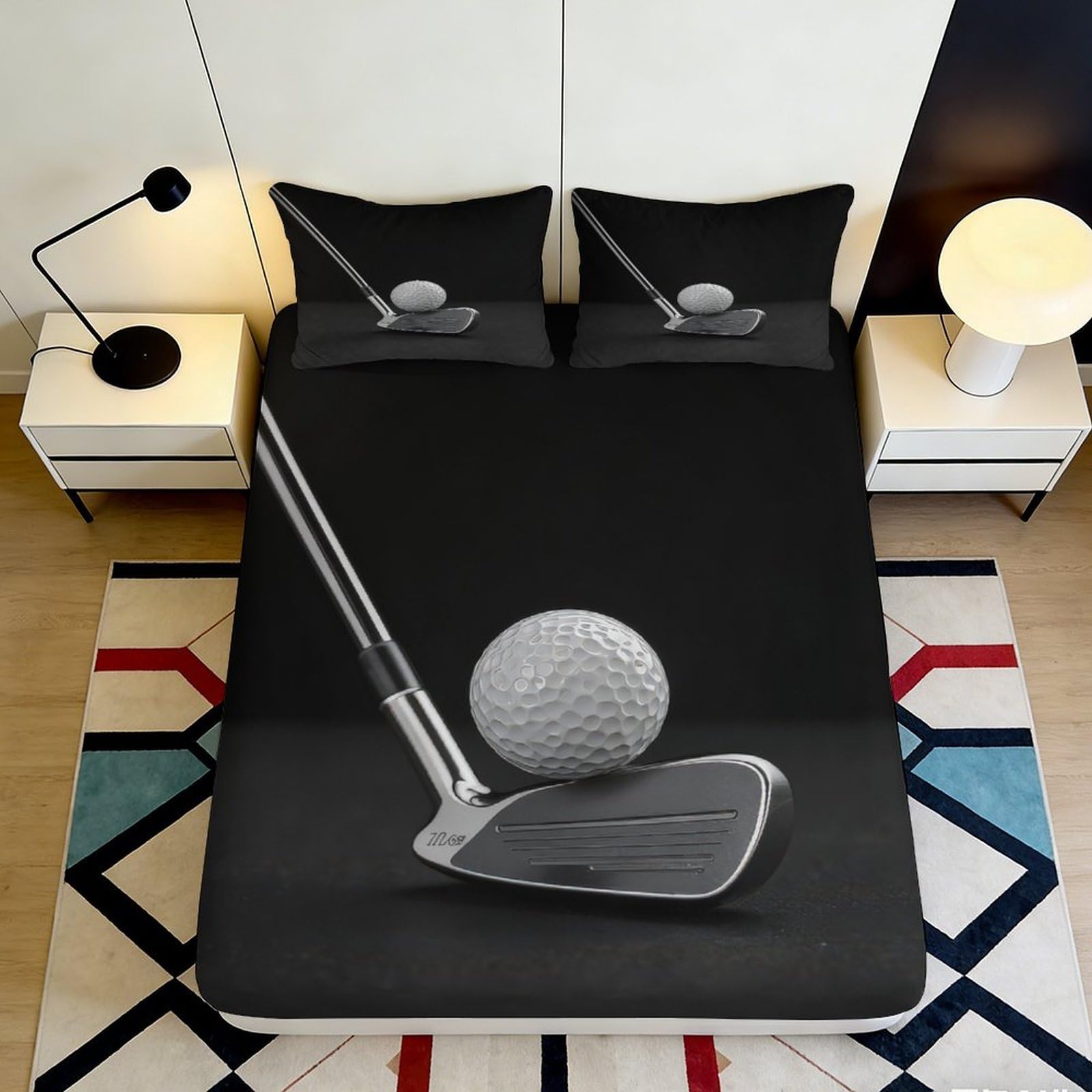3D Printed Golf Club Fitted Sheet Microfiber Soft Breathable Golf Ball Bed Cover for Bedroom Dormitory Guest Room Protection Decor 160x200x25cm