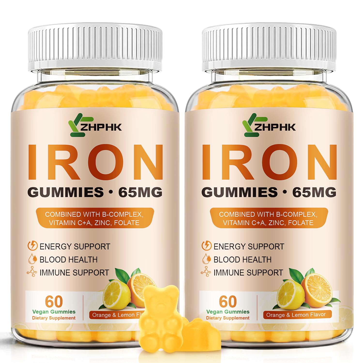 Iron Gummies 65mg & Vitamin C 250mg per Serving- Energy Support, Vegan Orange & Lemon 60 Count (Pack of 2)