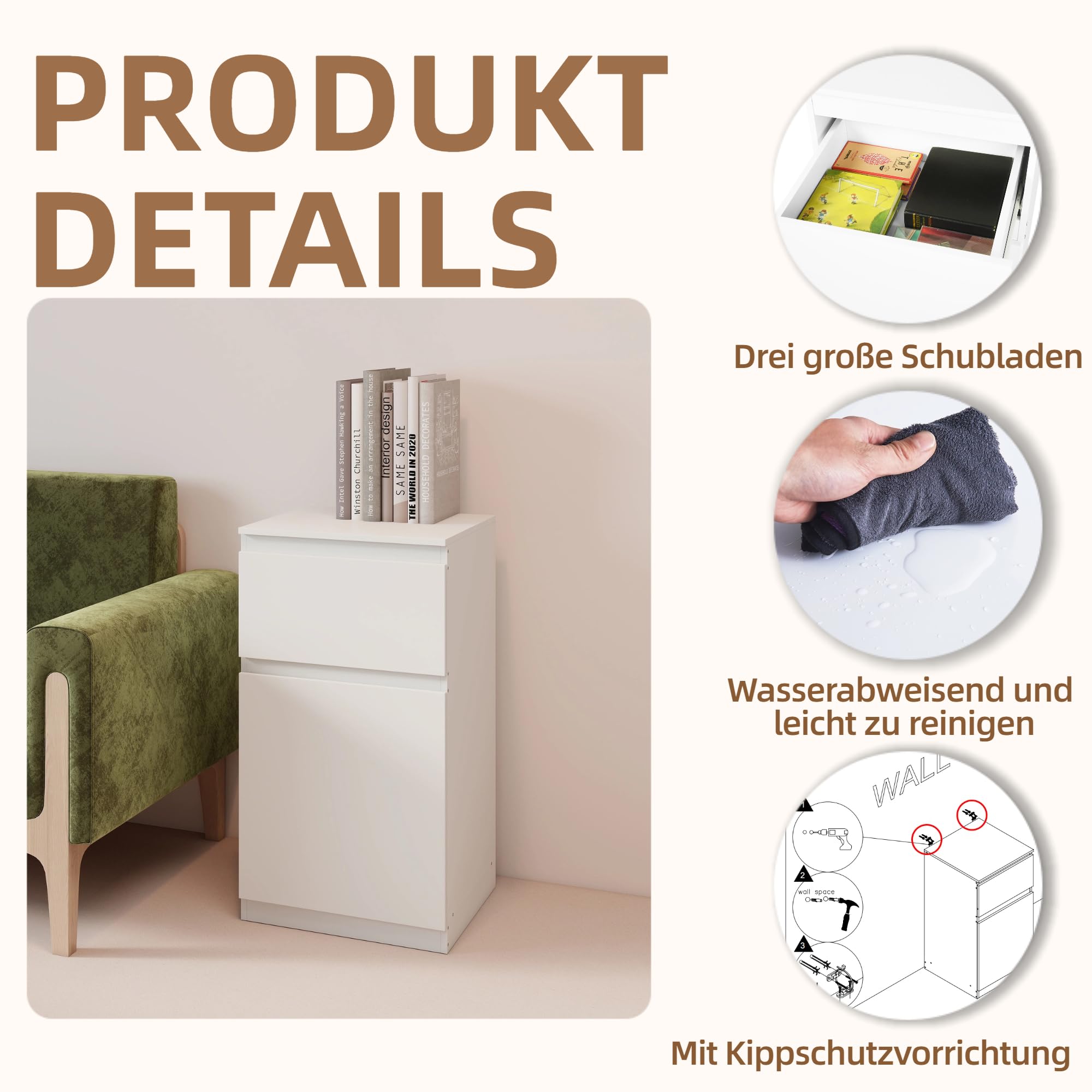 Komodenschrank für Schlafzimmer 40 cm Breit Kommode Weiß mit 1 Schubladen & 1 Tür, Nachtkasten Schubladenkommode Kommode&Sideboard Komoda Weiss für Büro Wohnzimmer Schlafzimmer Flur Möbel