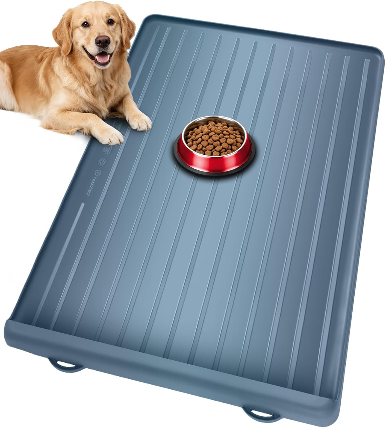 Dog Mat for Food and Water - 39.4" x 27" Large Pet Feeding Mats with Residue Collection Pocket - Waterproof Dog Cat Bowl Mat with High Edges to Prevent Water and Food Spills (Navy)