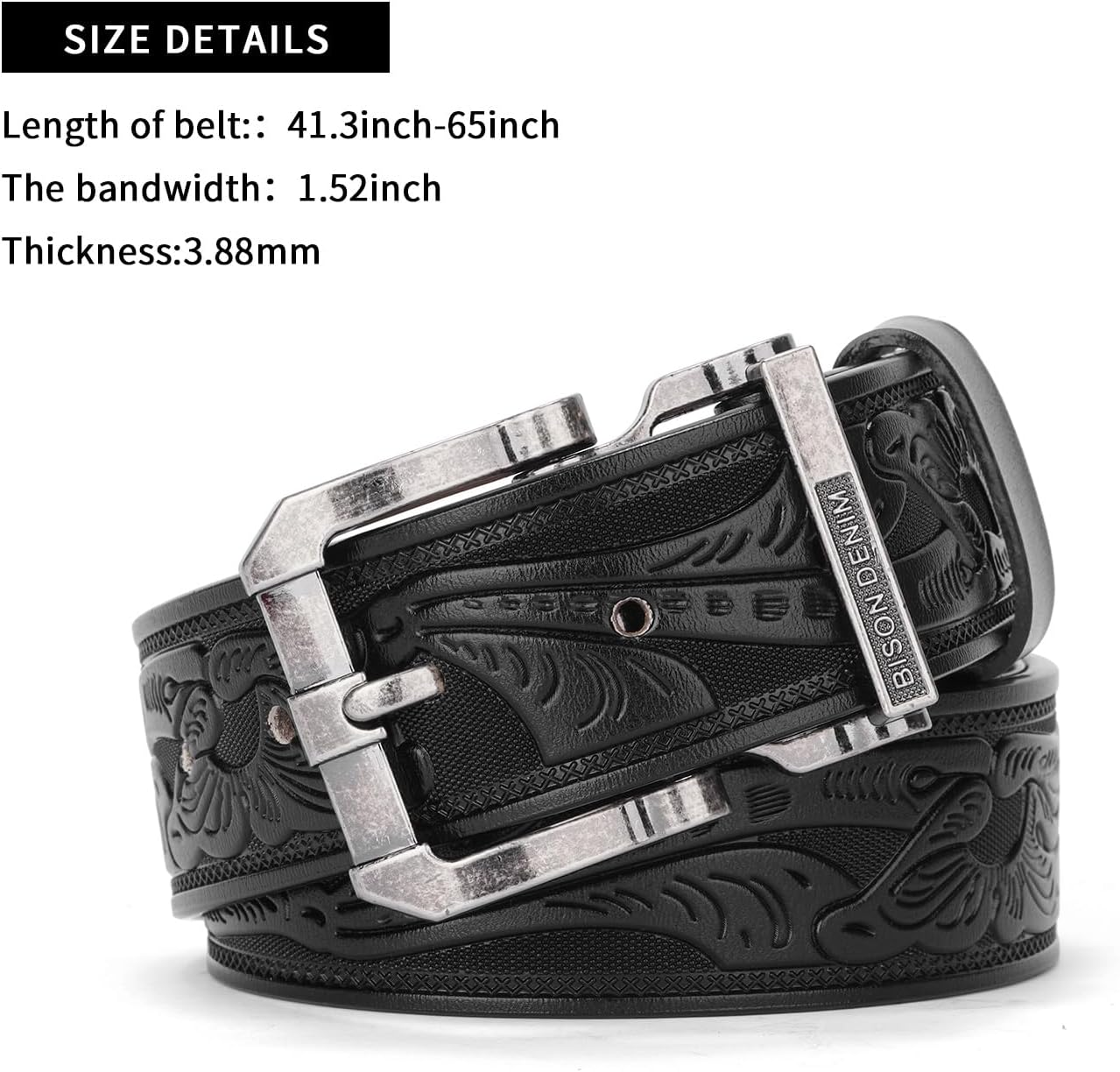BISON DENIM Men's Genuine Leather Casual Belt, Classic Western Cowboy Dress Belts - Image 2