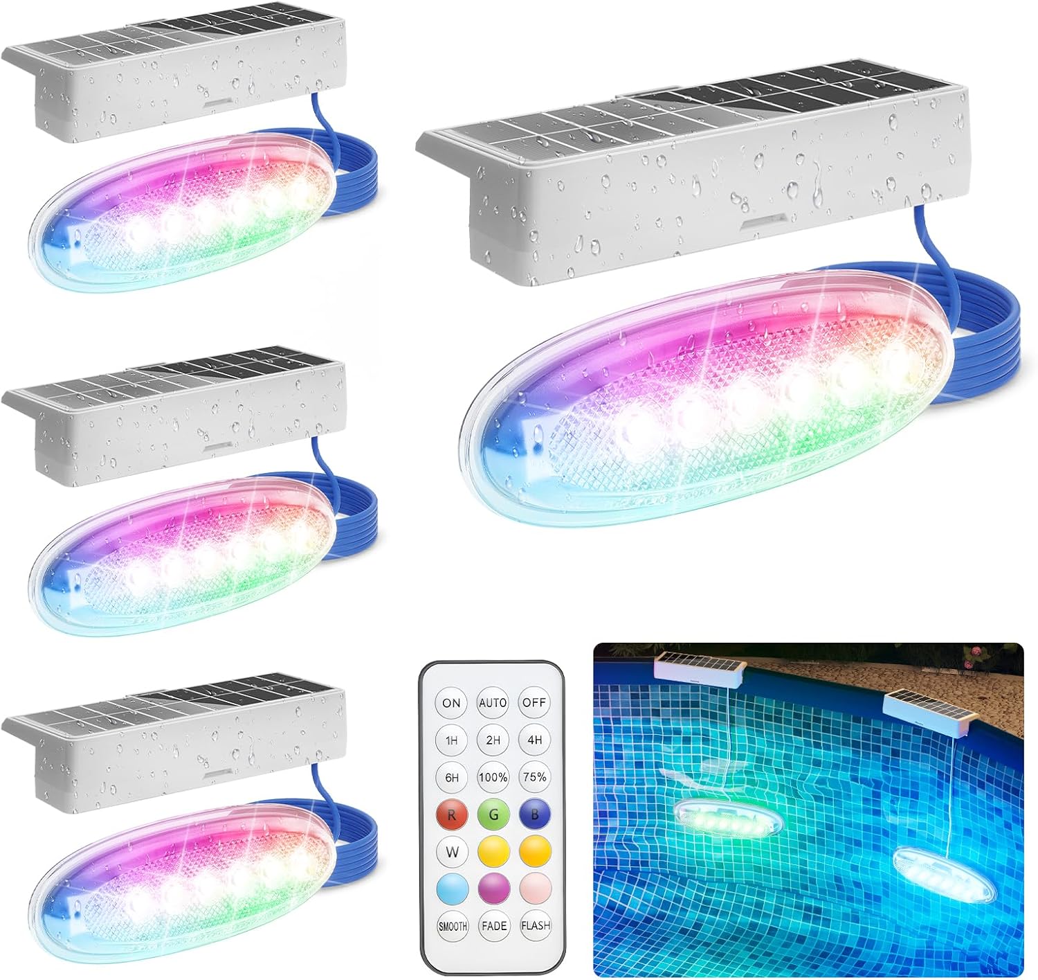 APONUO Solar Pool Lights, Pool Solar Lights for Above Ground Pools with Remote, IP68 Waterproof, RGB Color Changing Solar Powered Pools Light for Pond, Yard, Fountain (4 Pack)