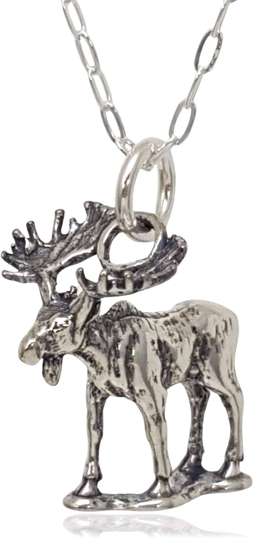 Sterling Silver Bull Moose or Elk 3D Charm Necklace, 18"