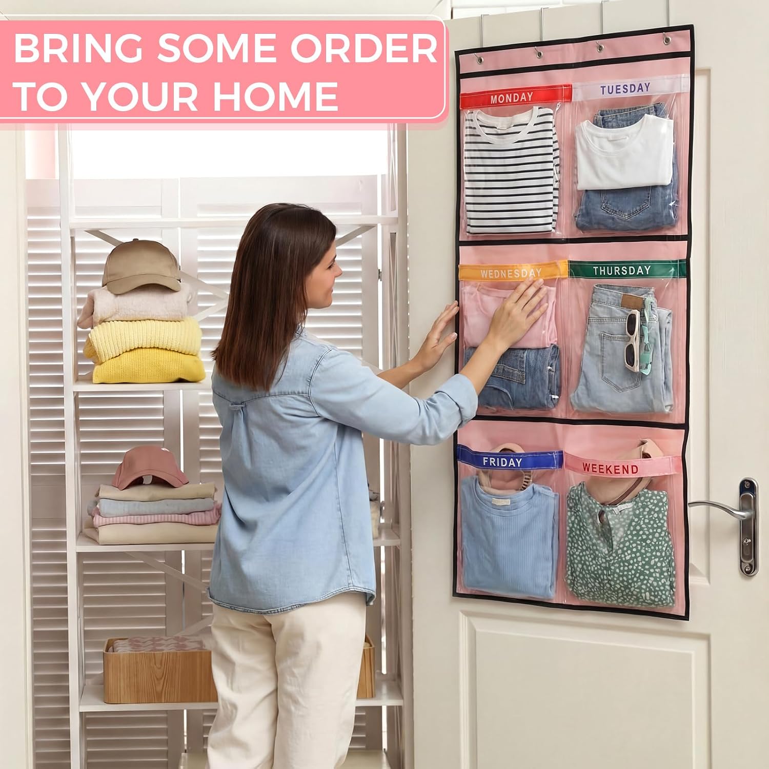 Weekly Kids Clothes Organizer Day of Week School Clothing Storage Monday to Friday Hanging Closet Organize(Pink)