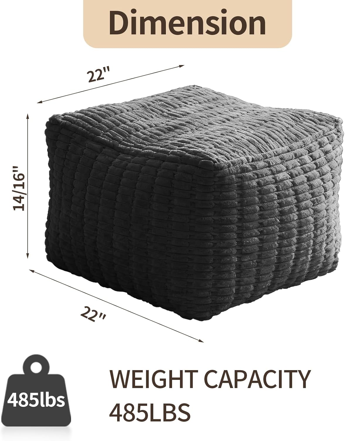 Pouf Ottoman, Soft Corduroy Pouf, Poofy Ottoman Foot Rest，Poufs for Adults, Poofs & Ottomans Furniture, Floor Poof-Chair for Living Room & Bedroom(1PC, Dark Grey, 22"×22"×14")
