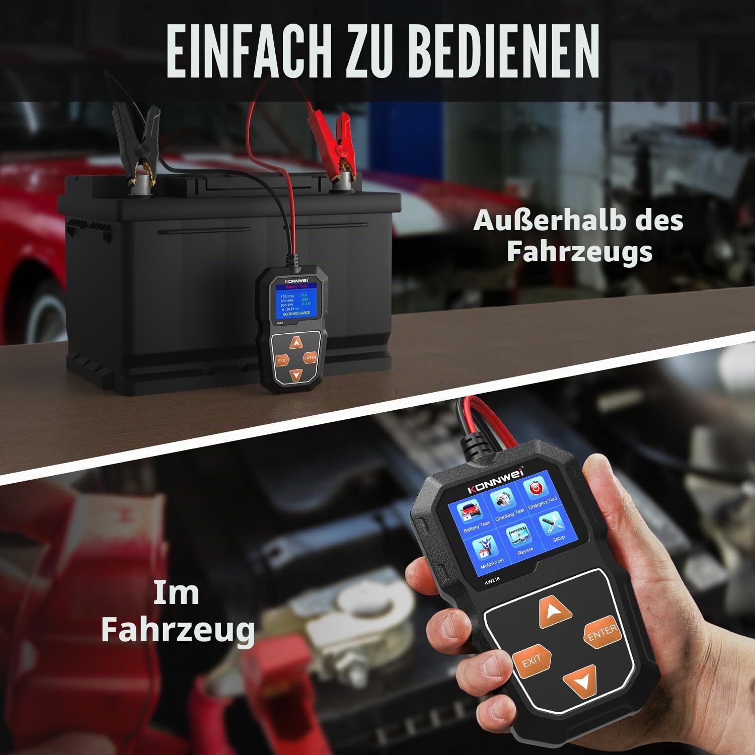 Autobatterie-Tester 6V 12V, KONNWEI KW218 Batteriespannungs-Tester 100-2000 CCA Lichtmaschinen-Tester Auto Digitales Batterie-Analysegerät für Auto, Motorrad, Boot, Yacht