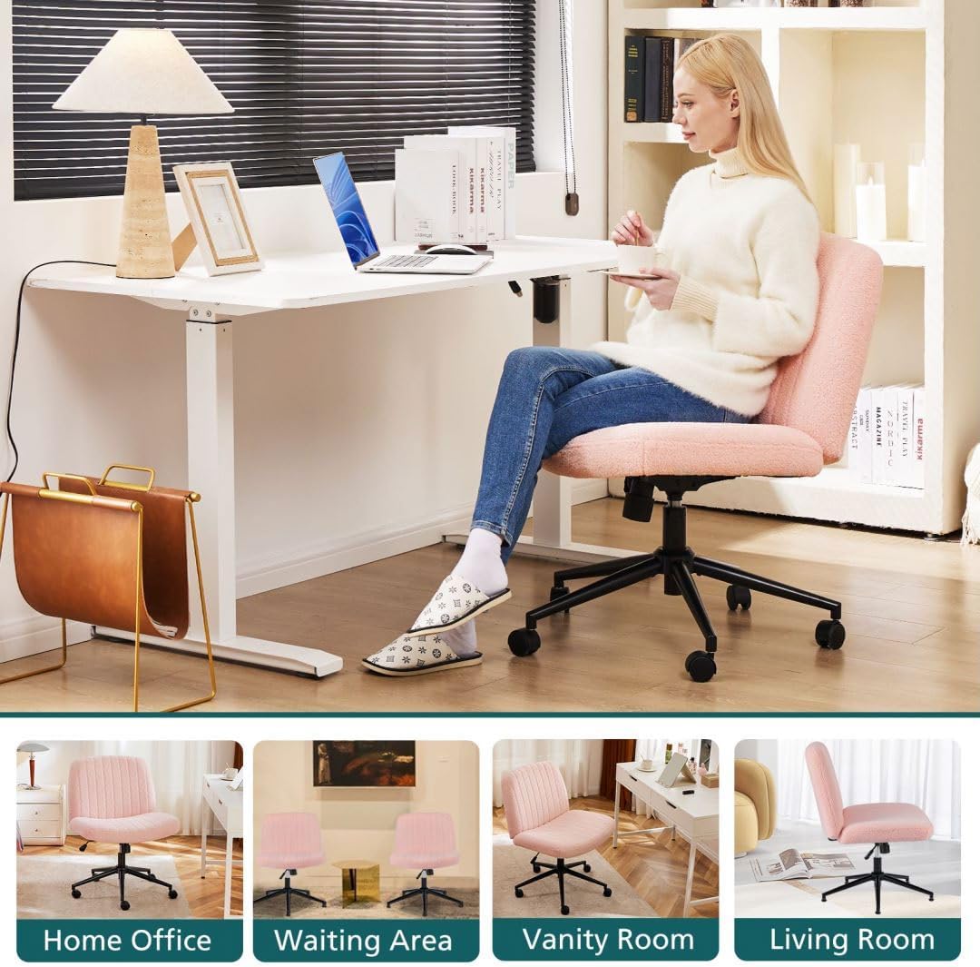 Criss Cross Chair with Wheels, Ergonomic Armless Swivel Comfy Vanity Seat, Wide Back Support and Adjustable Height for Home Office Bedroom Computer Gaming Makeup, Pink Velvet