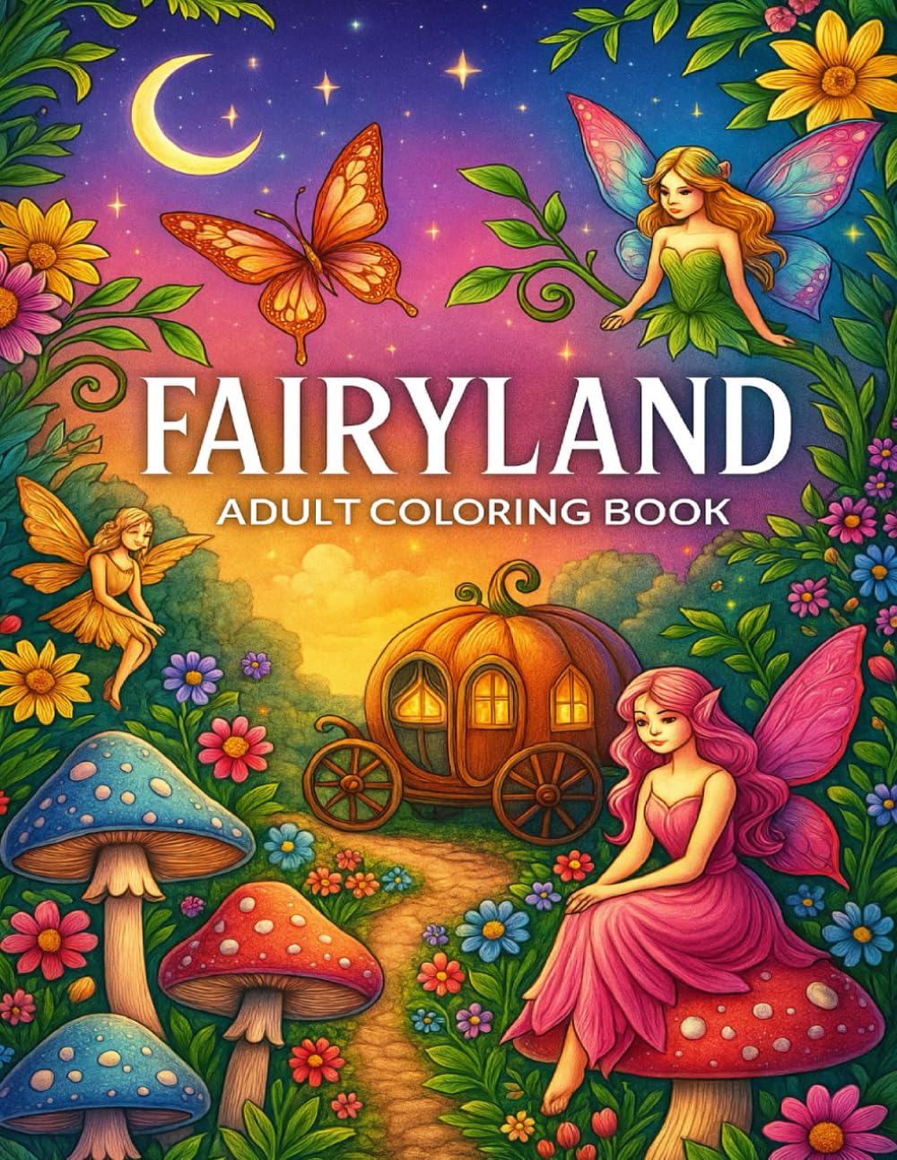 Fairyland Adult Coloring Book: Relaxing Fairy Coloring Pages Featuring Magical Creatures, Woodland Cottages, Mushrooms, Butterflies & Fantasy Landscapes for Stress Relief and Creativity