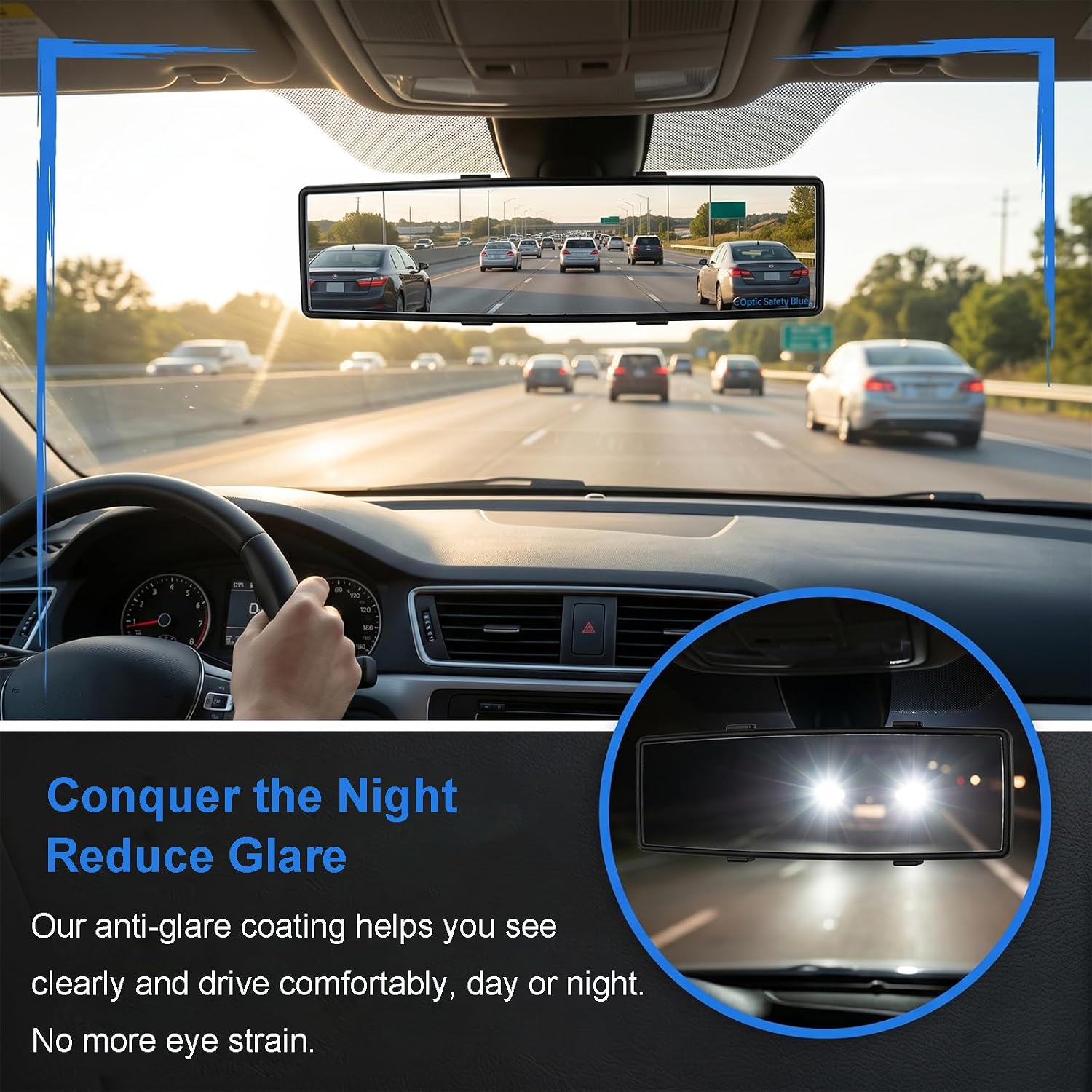 12 Inch Car Rear View Mirror, Clip on Panoramic Wide Angle Convex Rearview Mirror with HD Glass, Shock Resistant Interior Mirror for Cars SUVs Trucks Vehicles, Reduce Blind Spots