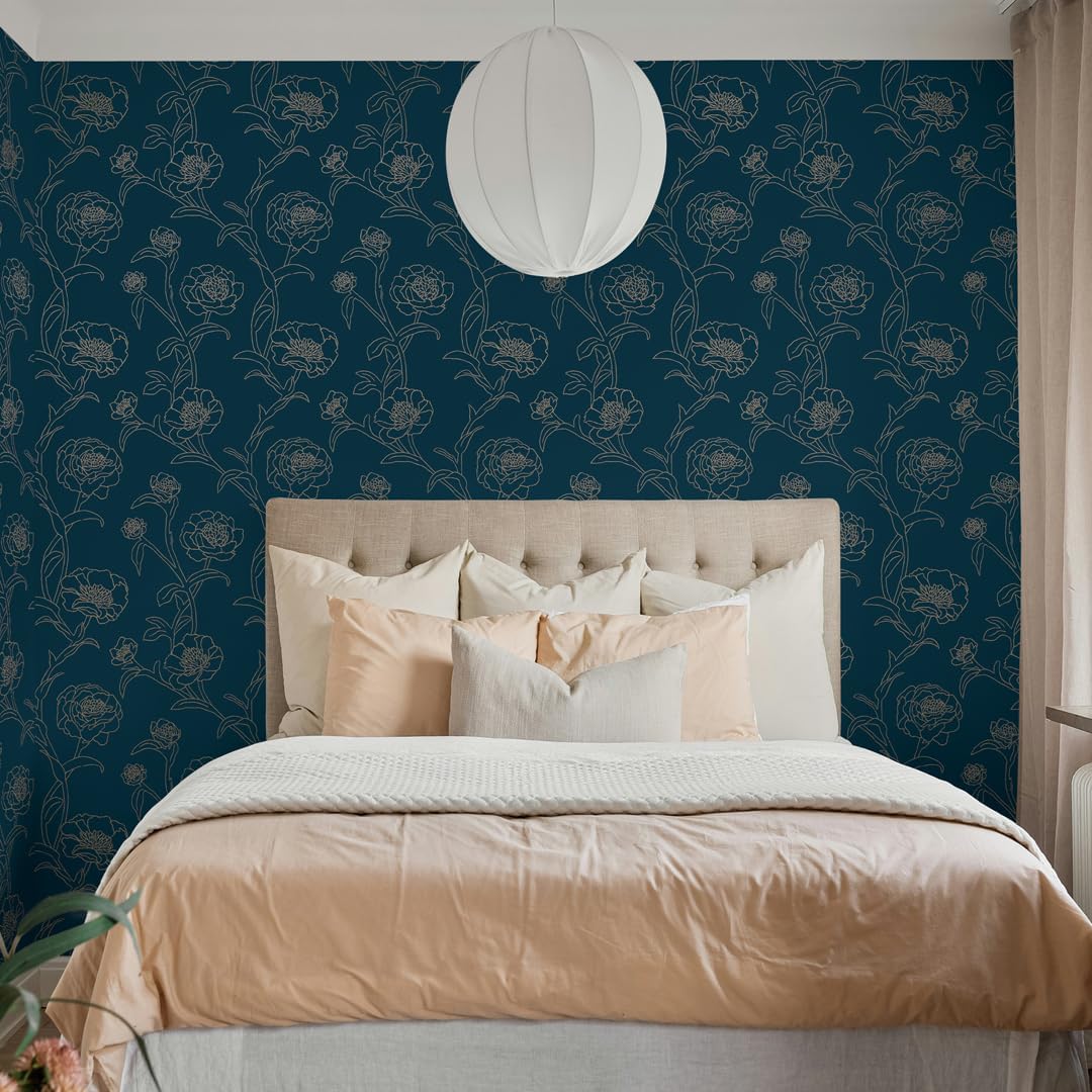 Tempaper Peacock Blue & Metallic Gold Peonies Removable Peel and Stick Floral Wallpaper, 20.5 in X 16.5 ft, Made in the USA