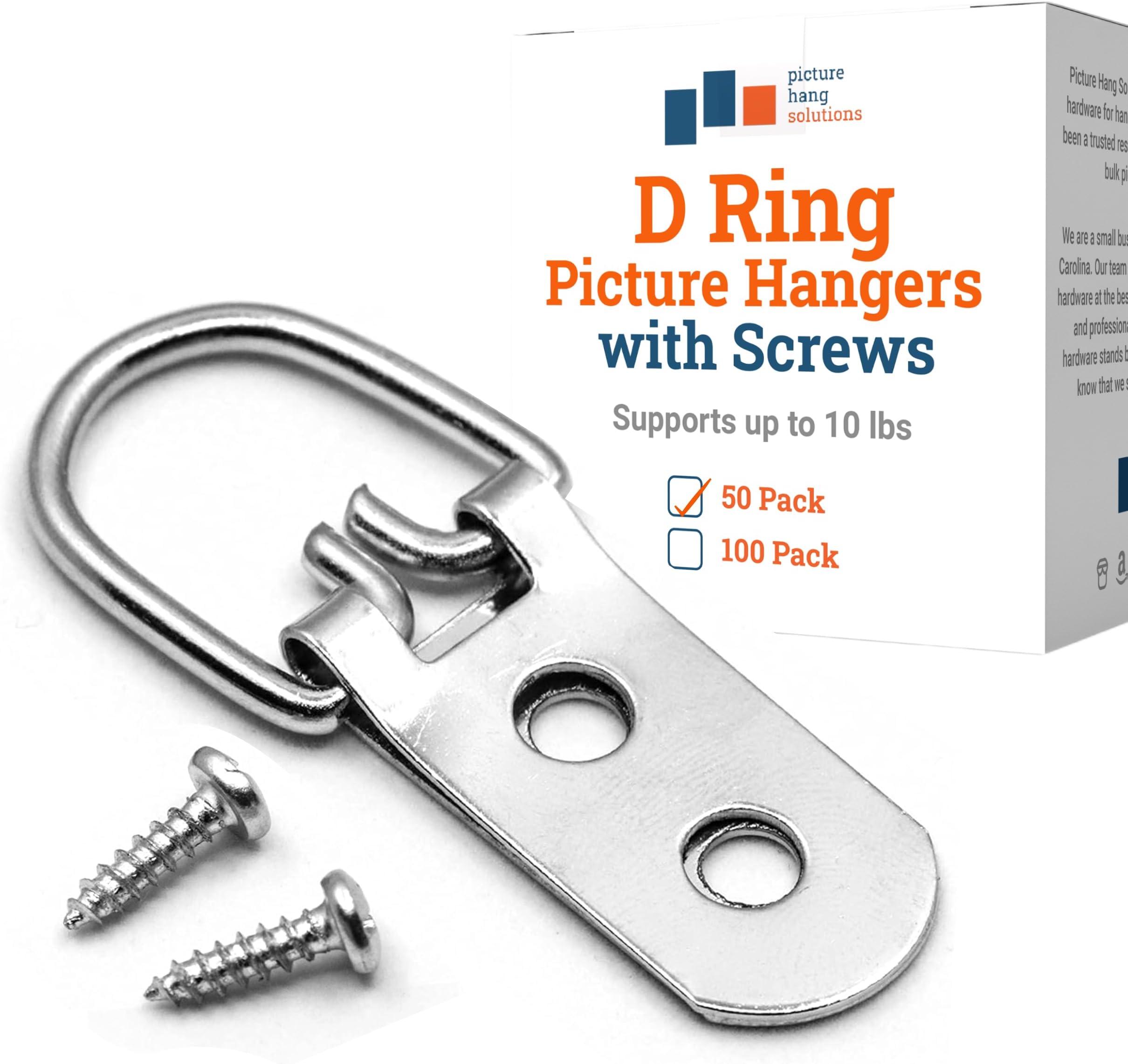 - PHS Heavy Duty D Ring Picture Hangers - 50 Pack - 2 Hole with Screws - D Rings Heavy Duty, Painting Hangers, Support 40 lbs
