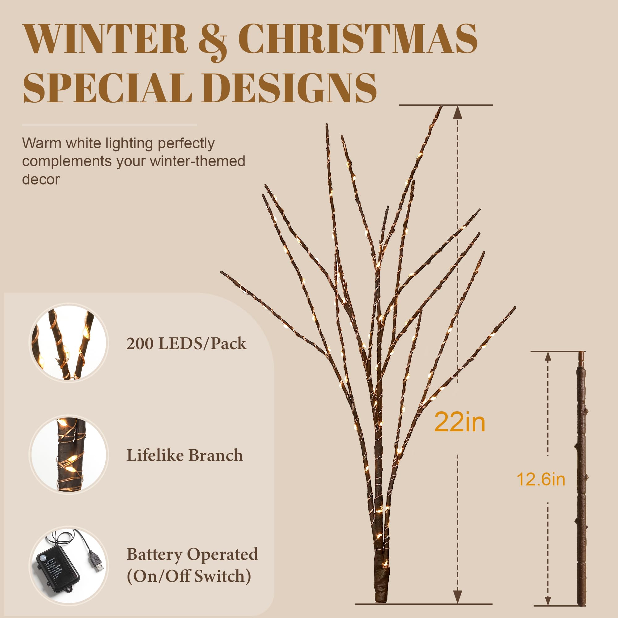 200 LED Batteriebetriebene und USB-betriebene Zweiglichter für Vasenfüller, künstliche beleuchtete Weidenzweige Braun beleuchtete Zweige für Weihnachten Wohnkultur und Innendekoration