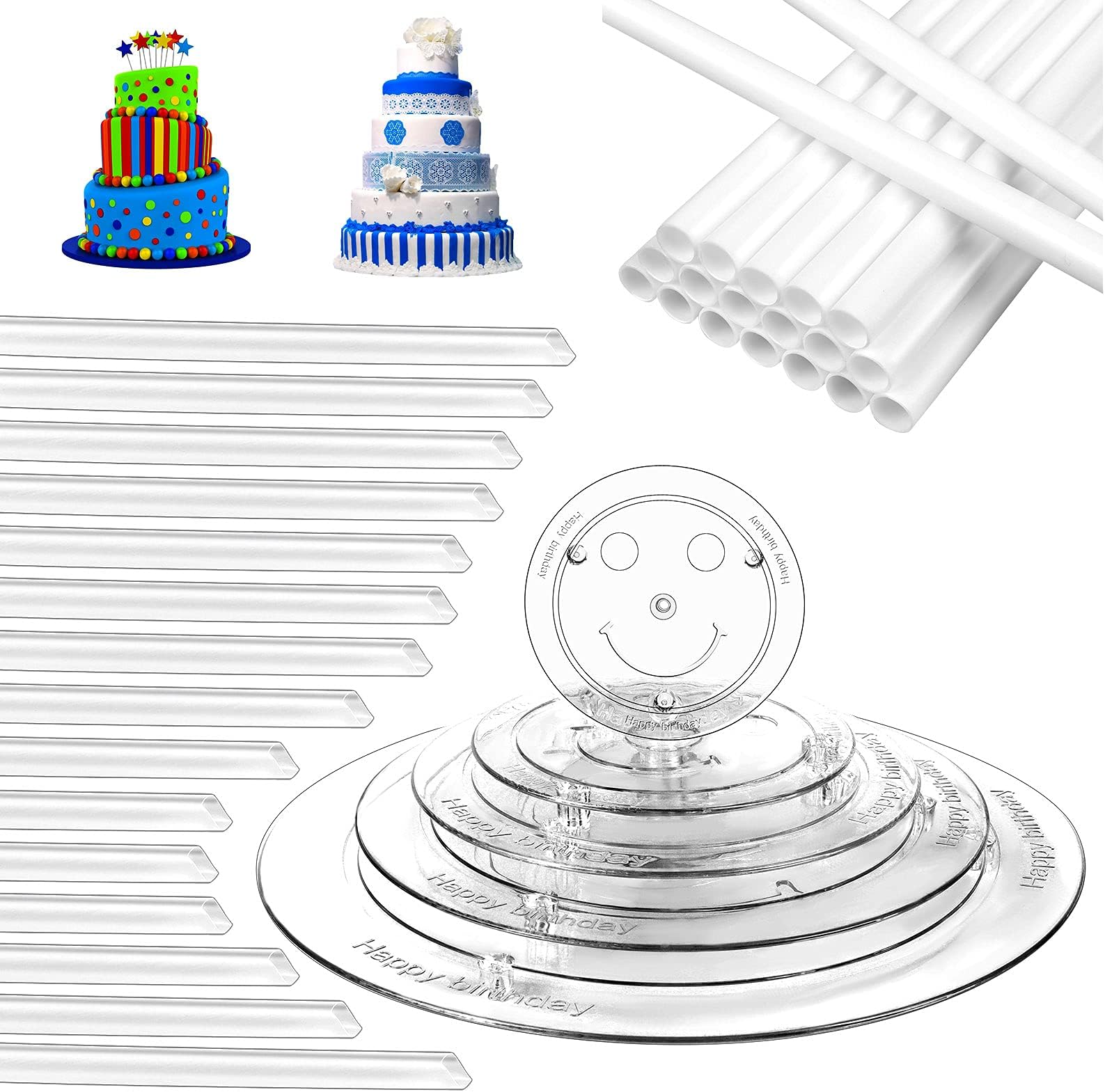 5 Tier Cake Separator Plates 35Pcs Cake Sticks Support Cake Dowel Rods Clear Tiered Cake Board Cake Stacking Dowels Pillar for 3,4,6,7,10" Cake Cake Stand Holder for Tiered Cakes Dessert Display Plate