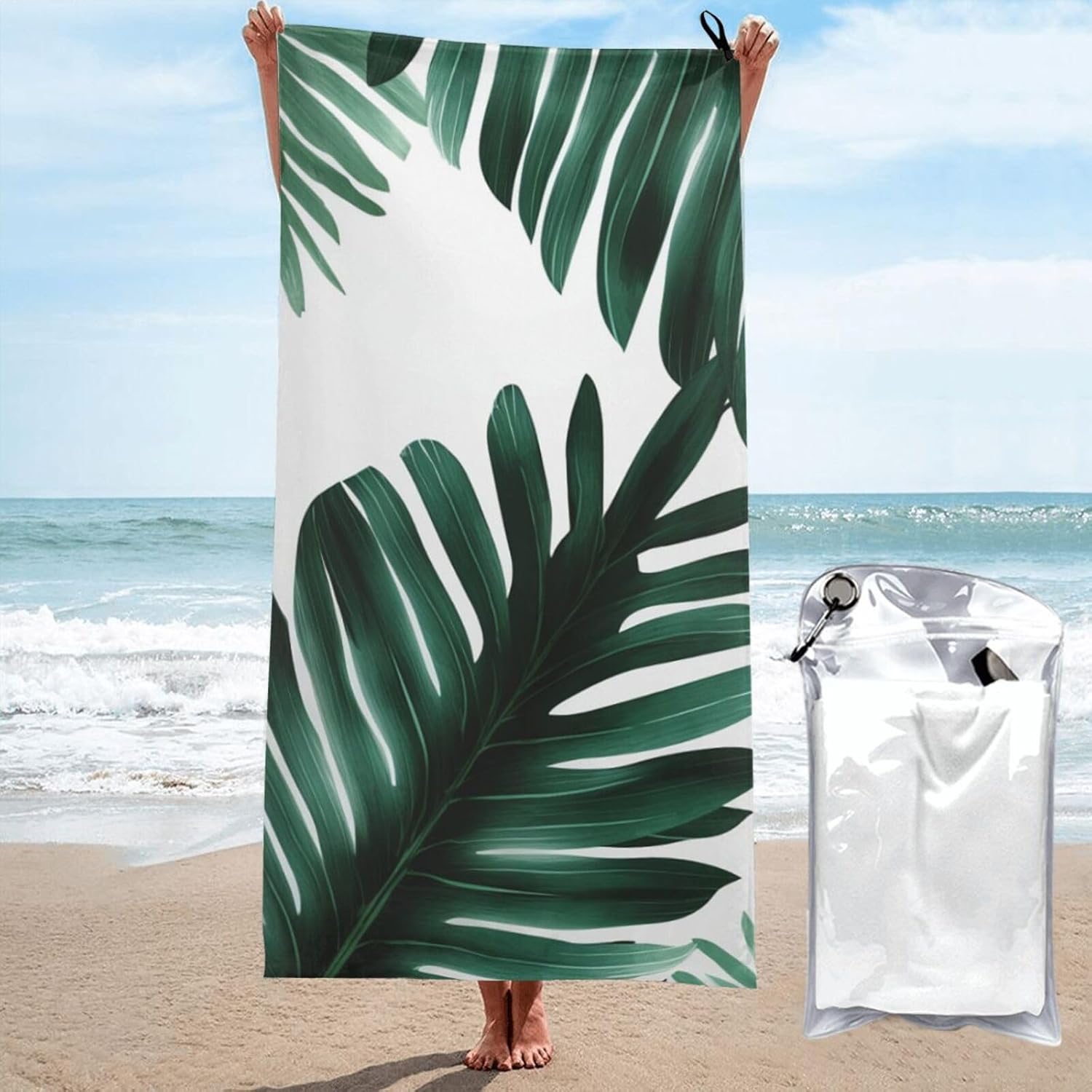 KHiry Microfiber Towel Beach Towels Cute Green Palm Leaves Quick Dry Towel Soft Lightweight Travel Towels Absorbent Large Easy Pack Travel Things Beach Blanket for Gym Sports Swimming