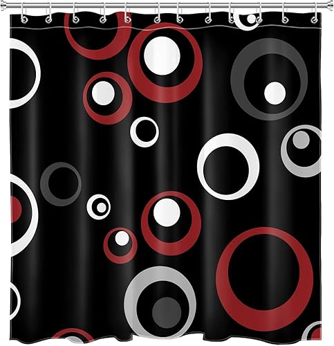 Miniatura 4 de HVEST Cortina de ducha geométrica abstracta roja con ganchos, círculo abstracto gris y blanco sobre negro, cortina de ducha para baño, juego de