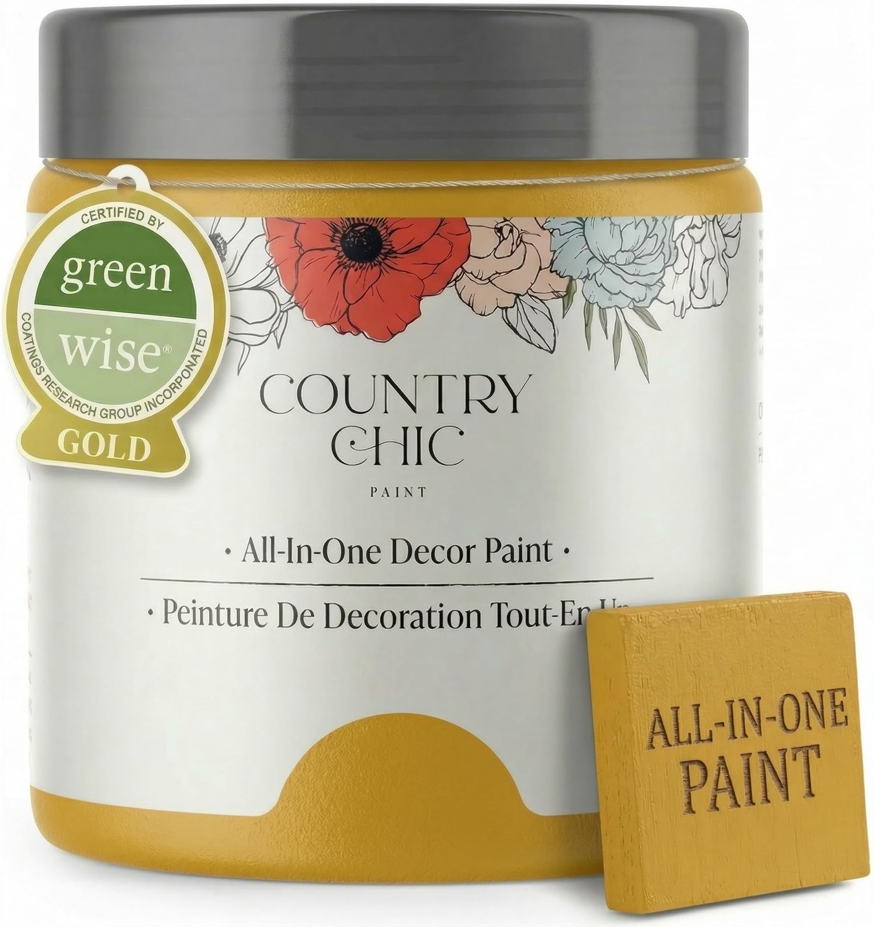 Country Chic All-in-One Chalk Paint for Furniture, Cabinets, Home Decor, Eco-Friendly, Matte Finish, Built-In Primer & Top Coat for Wood, Metal - Fresh Mustard (Mustard Yellow) - Pint 16 oz (475 ml)