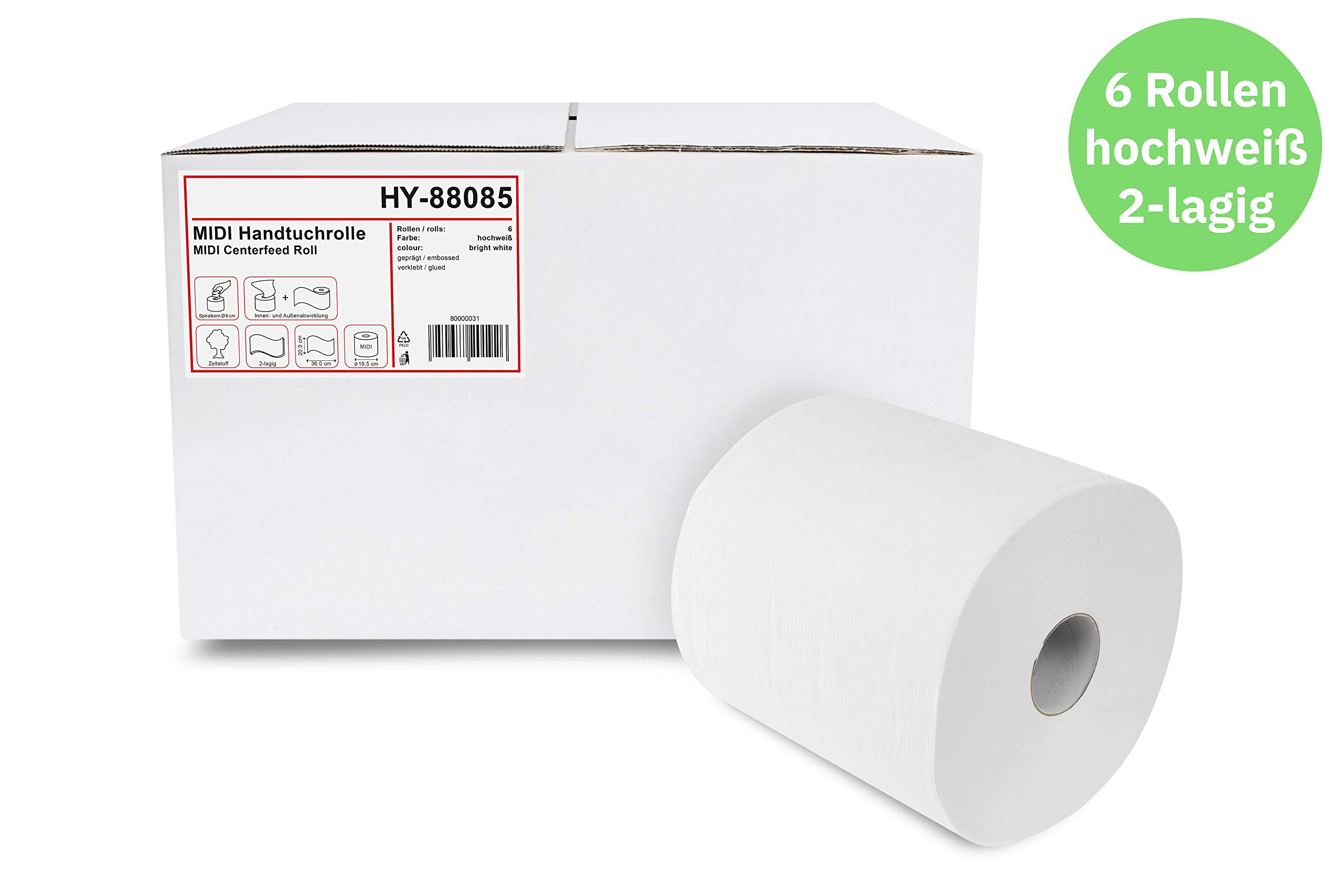 Hypafol Handtuch-Papierspender Set | Papierhandtuchrollen-Spender mit Innenabzug (Centerfeed) | modernes Design, weiß | Sichtfenster zur Verbrauchskontrolle | inkl. 6 Rollen Handtuchpapier