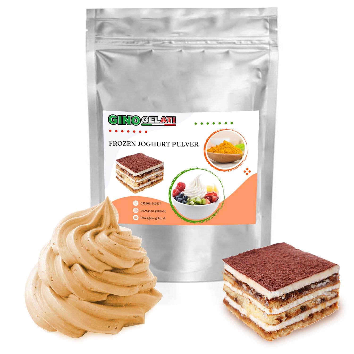 Gino Gelati Frozen Joghurt Pulver mit verschiedenen Schokoladen- Geschmäckern, Herstellung ohne Eismaschine möglich, Made in Germany, schnelle Zubereitung (1 Kg, Tiramisu)