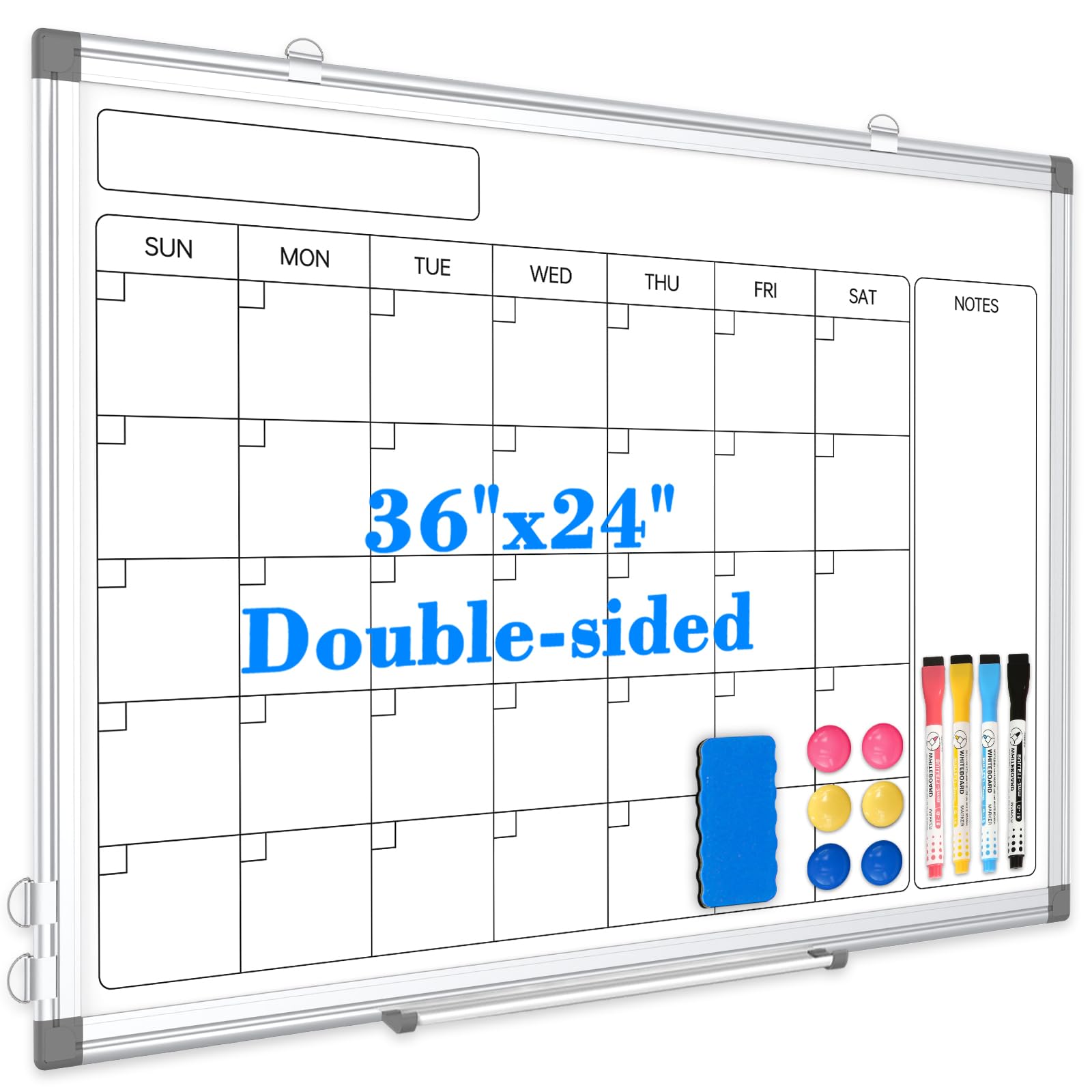 Monthly Calendar Dry Erase Whiteboard for Wall, 36" x 24" Double-Sided Calendar White Board, Magnetic Portable Board for Office, Kitchen, School, Home