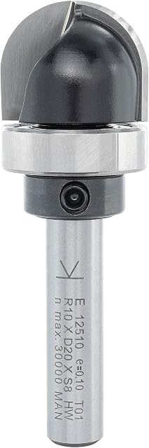ENT 12510 Frez pilnik z węglików spiekanych, chwyt (S) 8 mm, promień (R) 10 mm, D 20 mm, NL 16 mm, SL 32 mm, z łożyskiem kulkowym, do obróbki drewna, frezarki górnowrzecionowej
