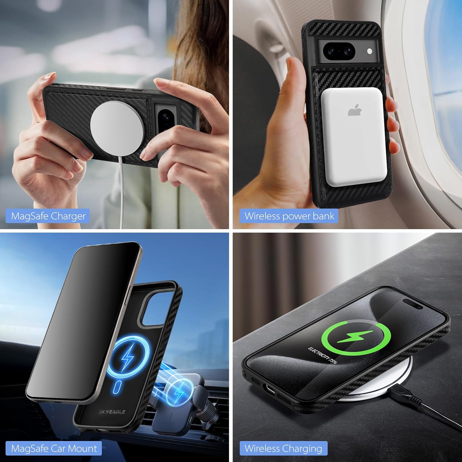 SkyEagle Compatible Magsafe 2 in 1 Detachable Google Pixel 8 Wallet Case with Card Holder Women Men,Magnetic PU Leather RFID Blocking Flip Kickstand Credit Slots,Phone Case for Pixel 8 6.2",Black