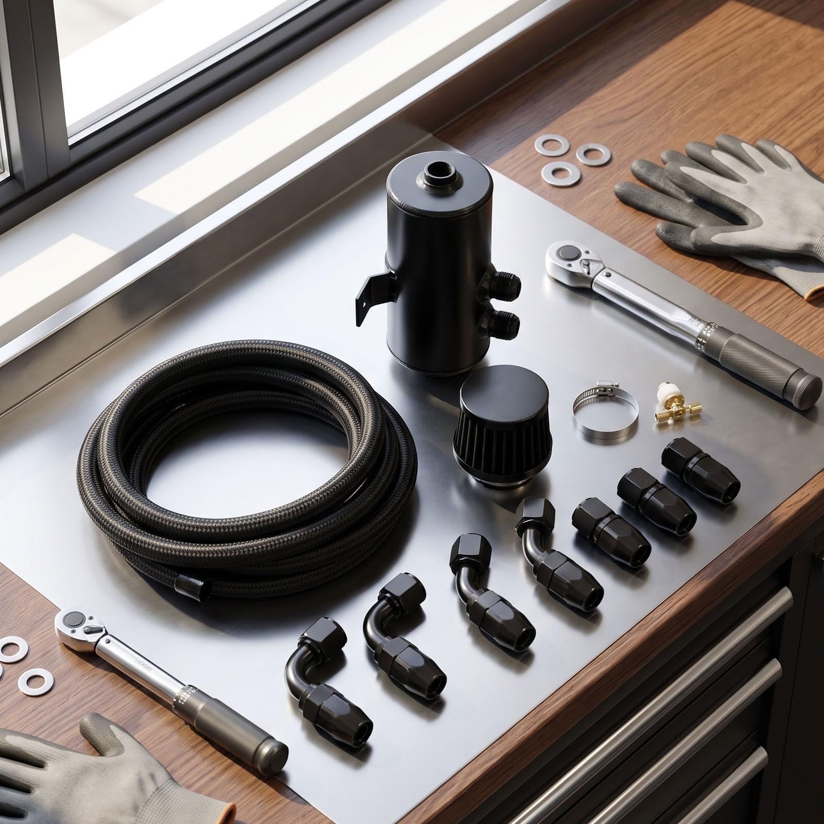 aqxreight Kit Serbatoio Recupero Olio con Serbatoio Sfiato e Carburante AN10, 750 Ml Alluminio Nero con Valvola di Scarico Inferiore, for Modifica Vano Motore Auto (BLACK)