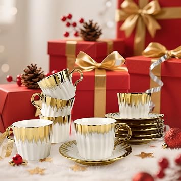 Coffee Cup Set of 6 with Saucers, 3.5 OZ Ceramic Espresso Cups, Deco Golden Turkish Coffee Cup Gift for Cuban Arabic Coffee, Dishwasher & Microwave Safe (Gold Trim)