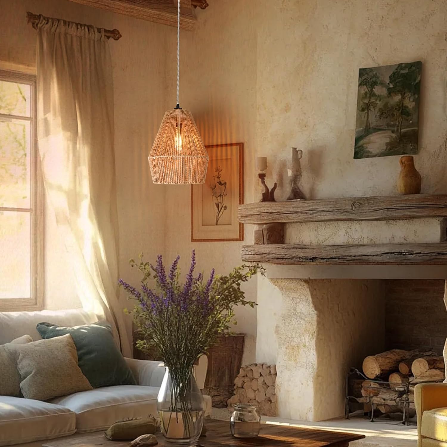 Rattan Plug in Pendant Light with Rotary Dimmer, 9.4" Boho Woven Hanging Light, 15 ft Cord, E26 Socket, Bohemian Ceiling Light for Bedroom, Living Room, Apartment, Dorm