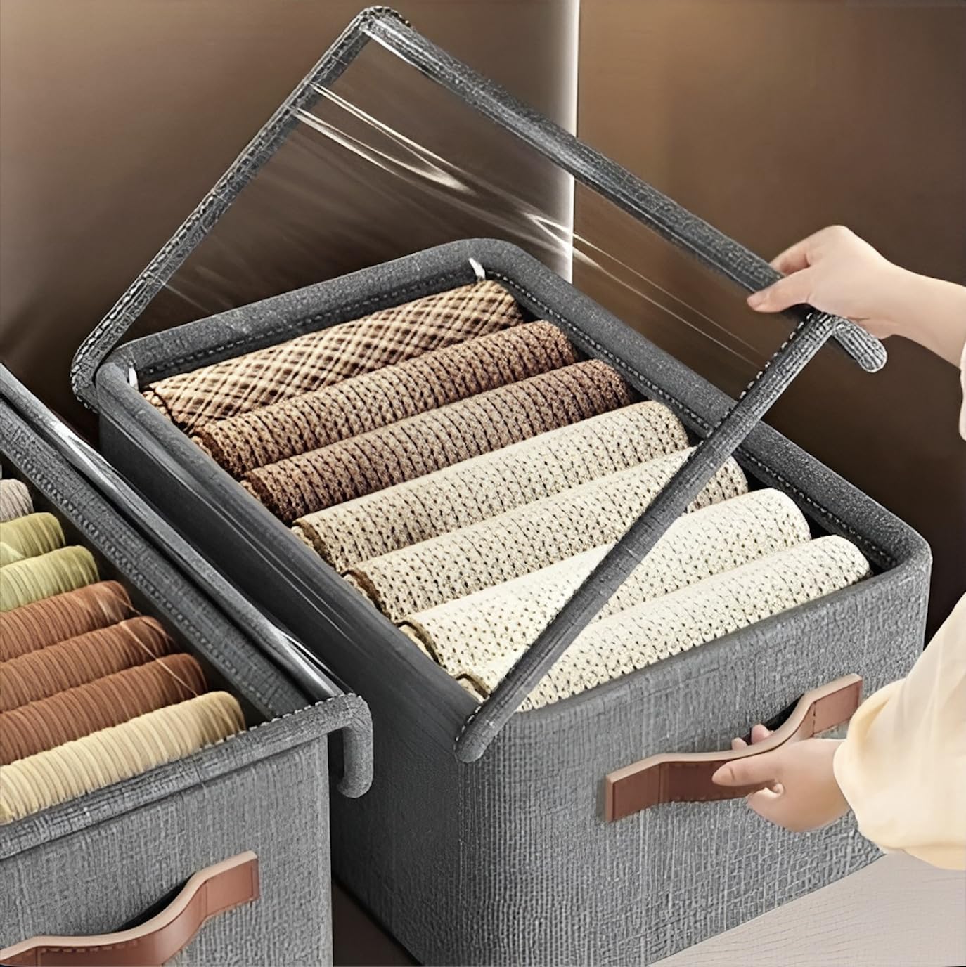Foldable Linen Storage Box with Transparent Lid | Collapsible Design, Dual Handles, Clothes & Toys Organiser, Neutral Grey Colour, Space Saving-image-47