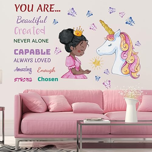 Miniatura 3 de Suplante - Calcomanía de pared de niña negra y unicornio, diseño de princesa afroamericana con texto positivo, para dormitorio de niñas, decoración