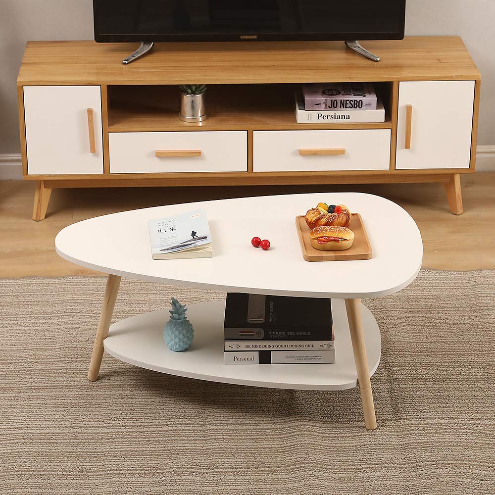 HUOLE Tavolino Salotto 2 Ripiani, Tavolino da Pranzo in Legno per Camera da Letto,comodino,Tavolino da Caffè, per divano, supporto per fiori, robusto,90 * 60 * 40 cm-bianco