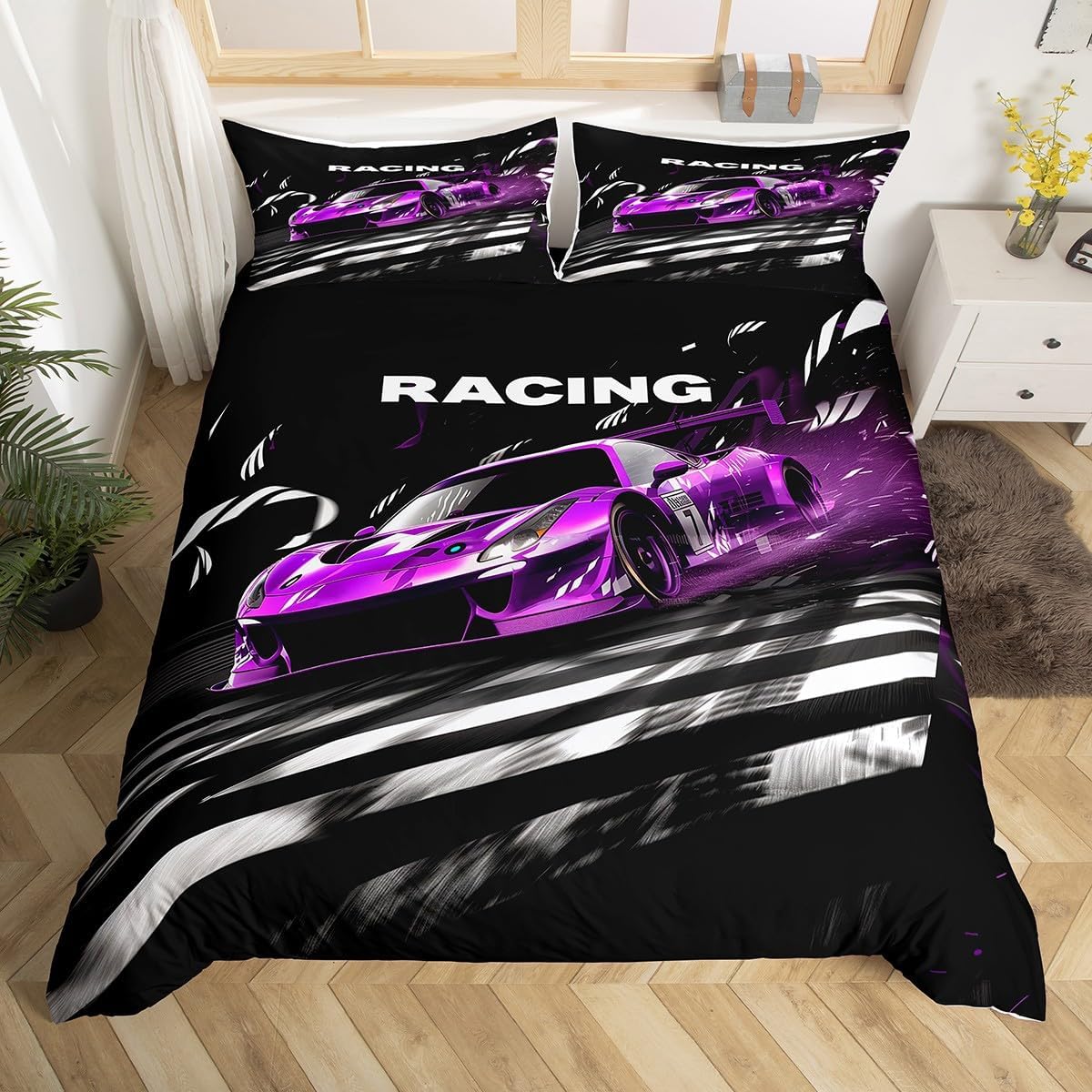 Feelyou Race Car Bedding Set Full Size Cool Car Duvet Cover Ultra Soft Extreme Sports Comforter Cover Set for Kids Boys Girls Games Car Bedspread Cover Room Decor Automobile (No Comforter)