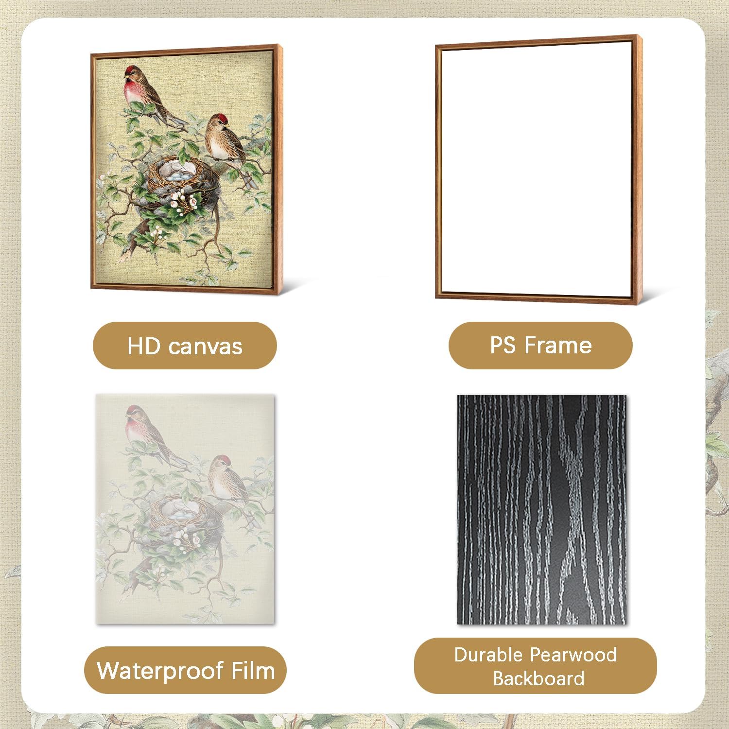 LHIUEM Birds Pictures Wall Decor(12”X16”) Spring Hummingbird Canvas Wall Art Framed Farmhouse Bird Botanical Art Prints Bird Nest Eggs Poster Birds Themed Vintage Framed Art for Bedroom Living Room