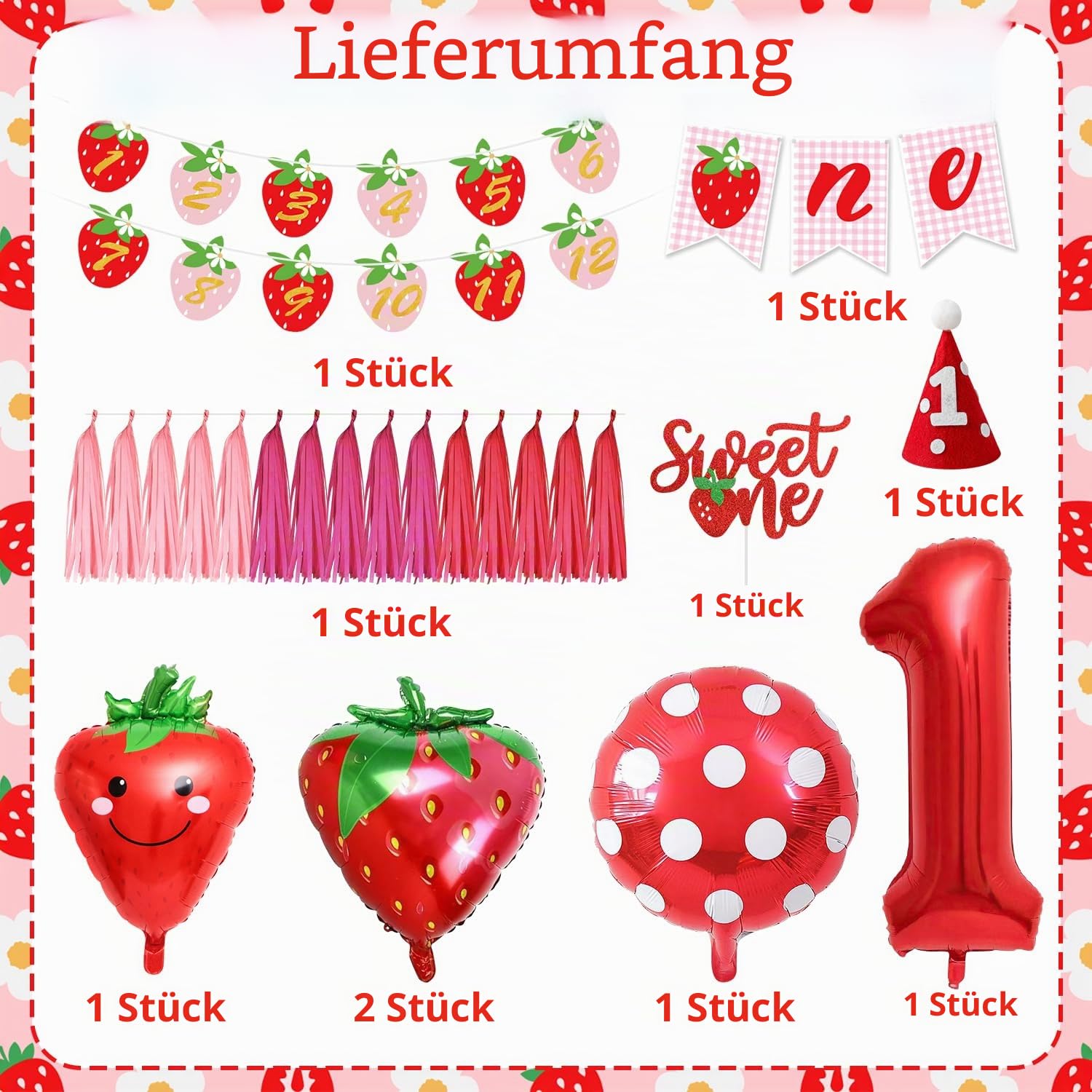 Deko 1. Geburtstag Mädchen, Luftballon Girlande Erdbeere, Erdbeere Themed Geburtstagdeko 1 Jahr, 84 Stück Geburtstagsdeko 1 Jahr Mädchen, für 1 Geburtstag Mädchen, Geburtstagsdeko Mädchen