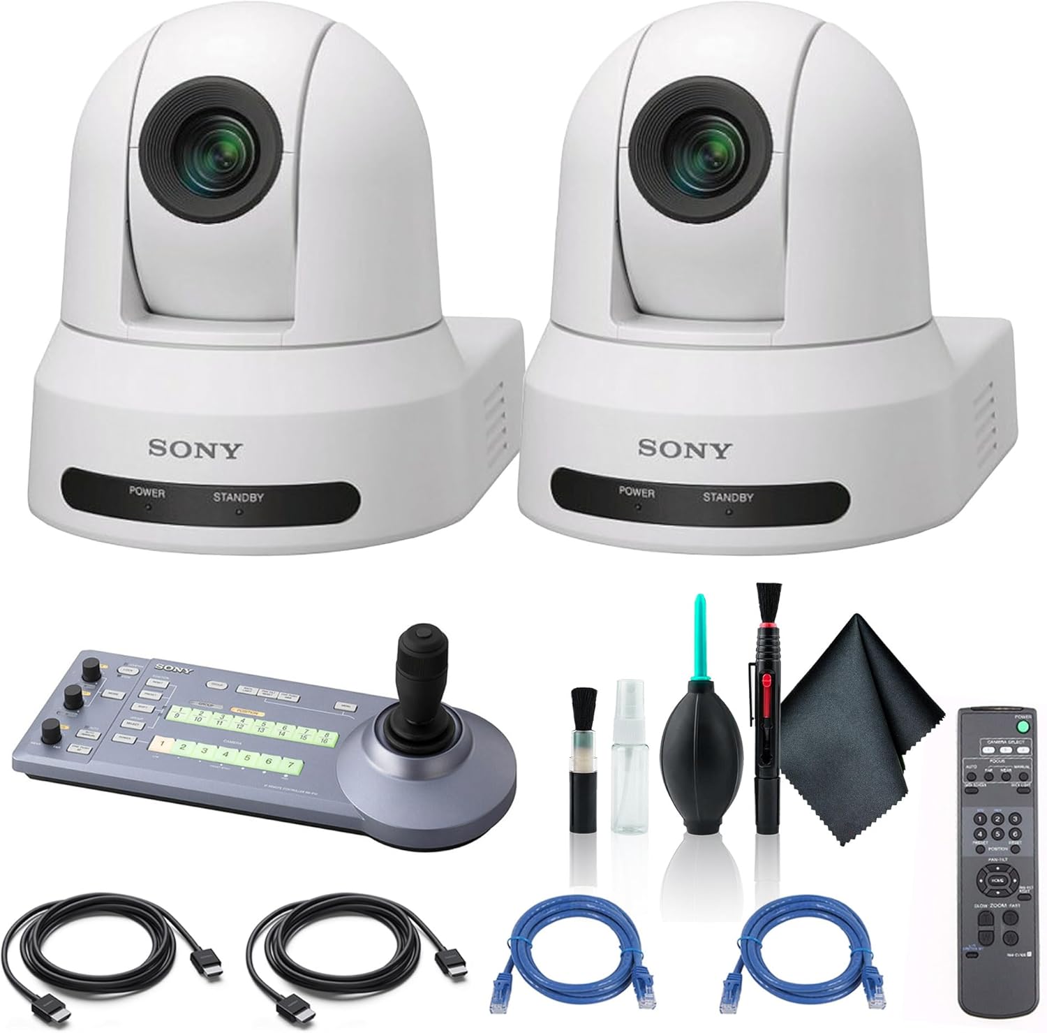 2 x Sony SRG-X40UH 4K/HDMI/USB Optical 40x Zoom PTZ Camera with PoE+ White SRG-X40UH/W, Sony RM-IP10 IP Remote Controller, 2 x Cat5e Ethernet Cable, Cleaning Set, 2 x HDMI Cable – Bundle