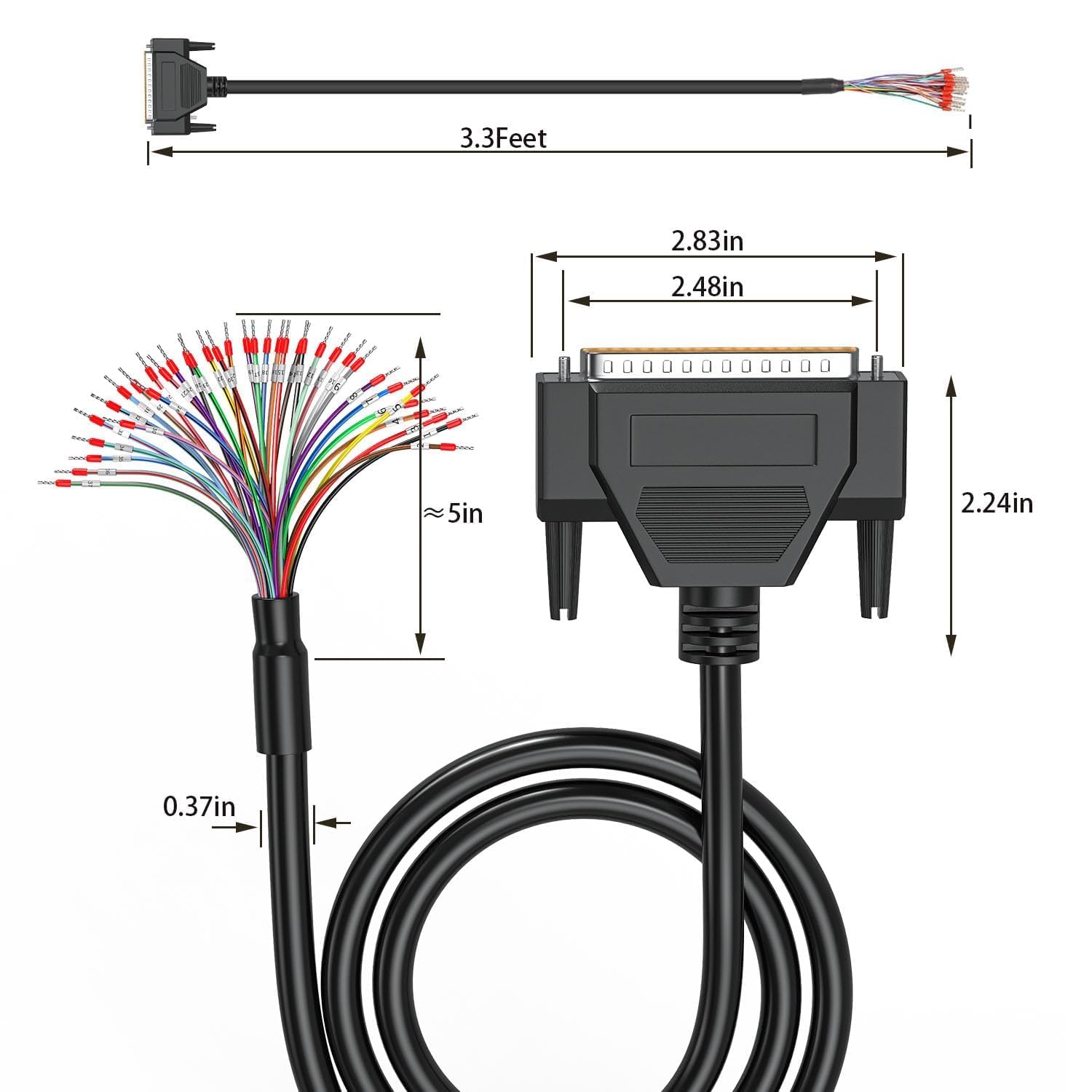 Cavo DB37 femmina a estremità aperta, 37 pin, D-Sub a 37 pin, cavo multicore 26AWG con marcatori per cavi e terminali di cablaggio per controller industriale PLC CNC